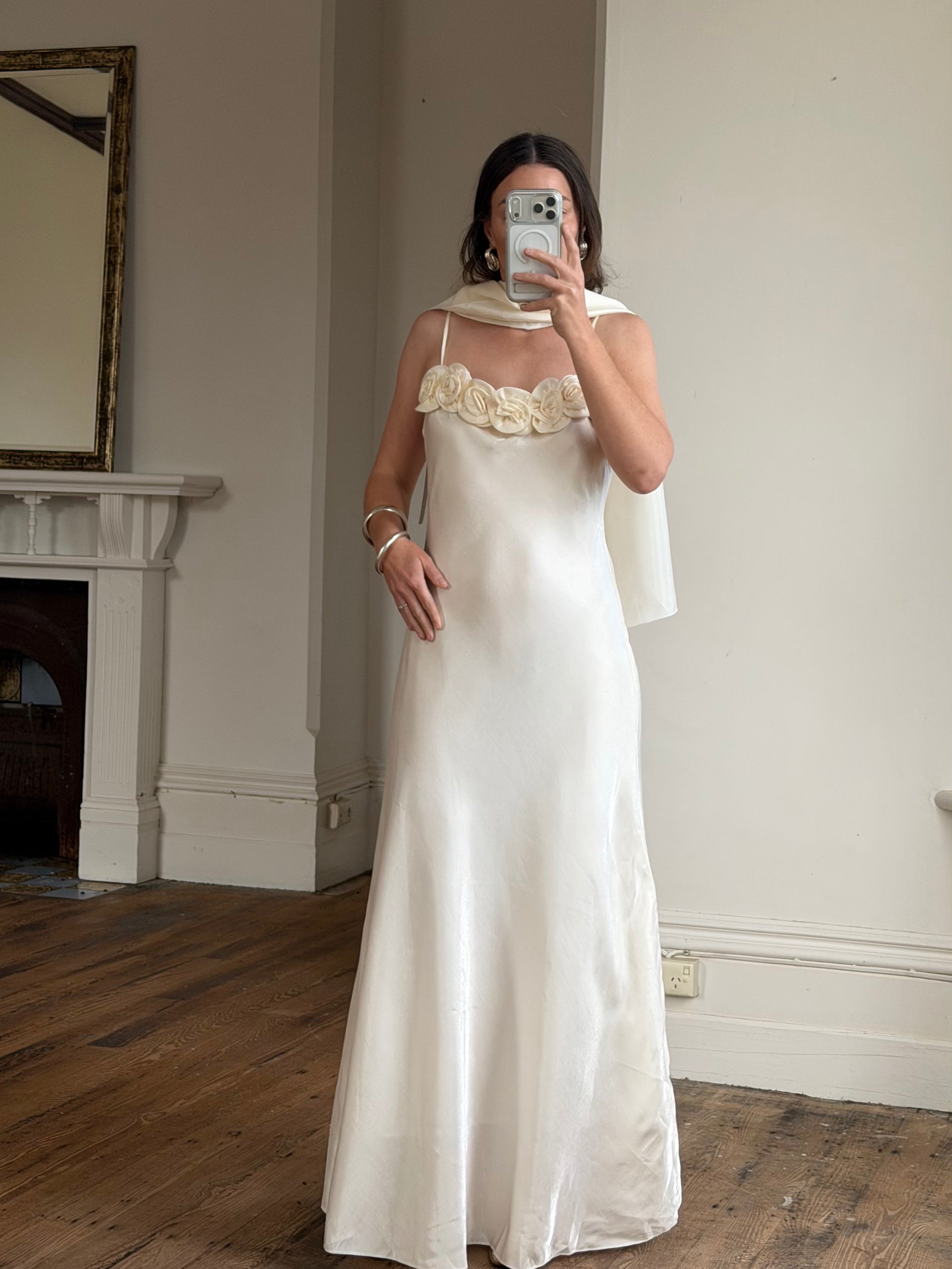 Vintage Y2K Rosette Bridal Slip Dress Champagne Satin