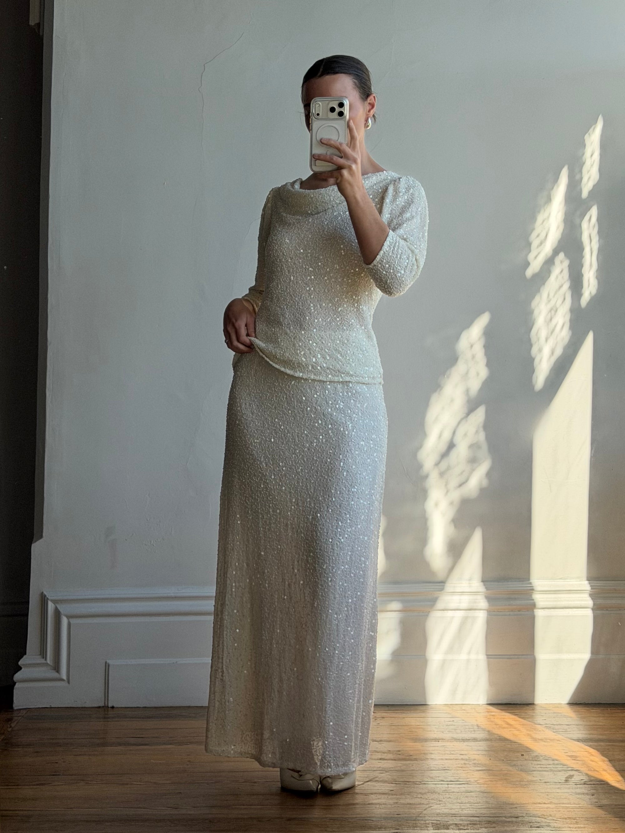 Vintage 80s Sequin Pure Silk Two Piece Bridal Set
