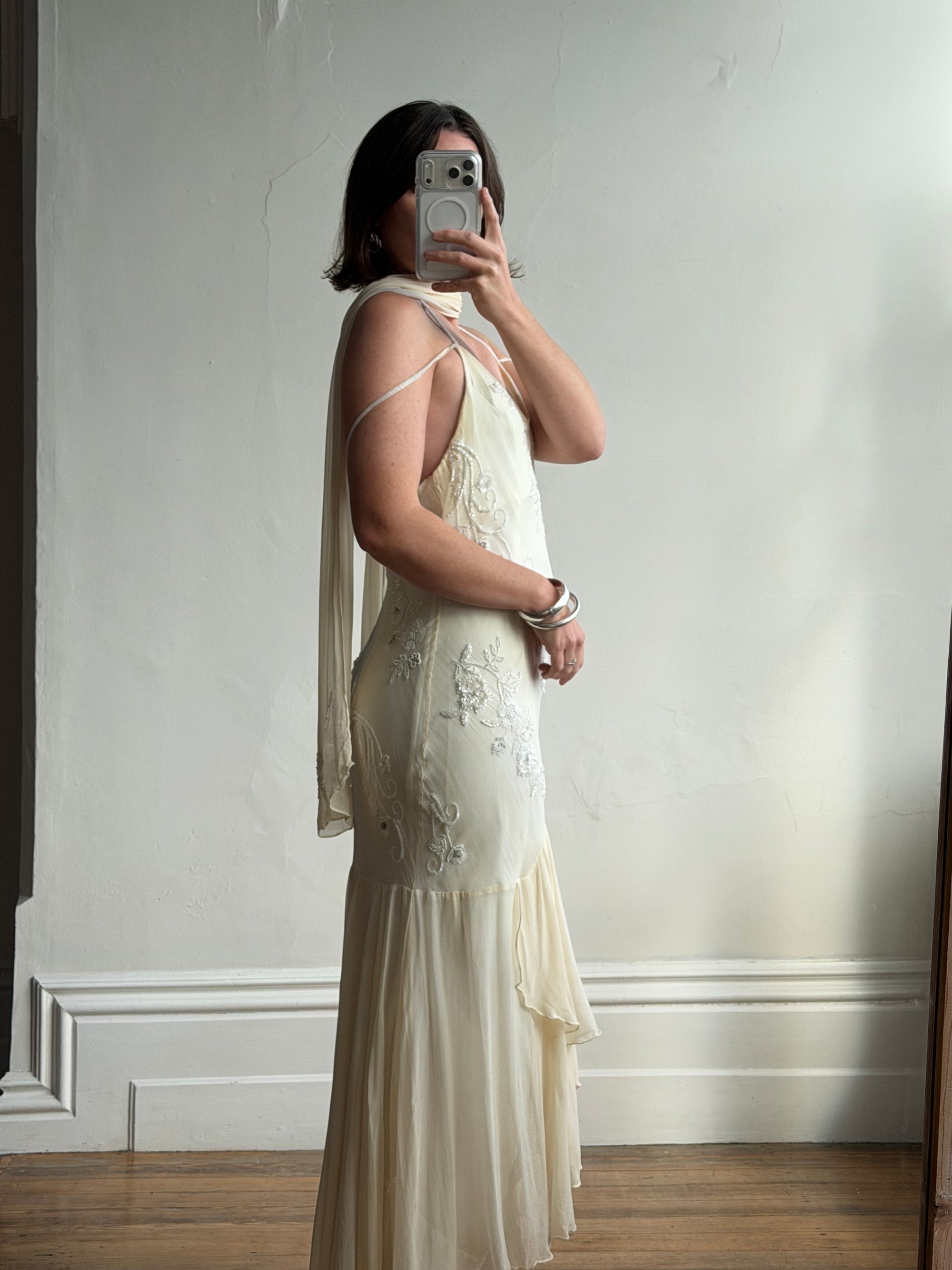 Vintage 90s Pure Silk Embellished Midi Dress With Scarf Creme