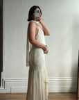 Vintage 90s Pure Silk Embellished Midi Dress With Scarf Creme