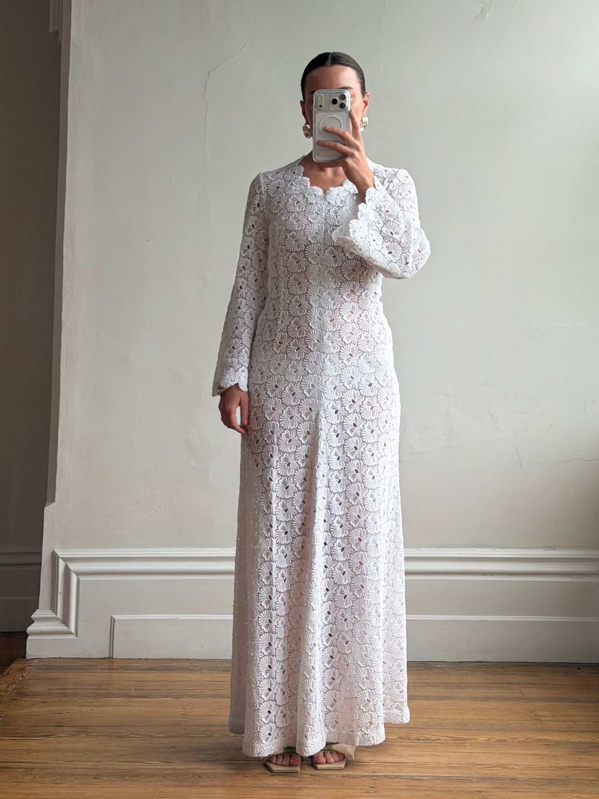 Vintage 60s Crochet Lace Long Sleeved Wedding Gown