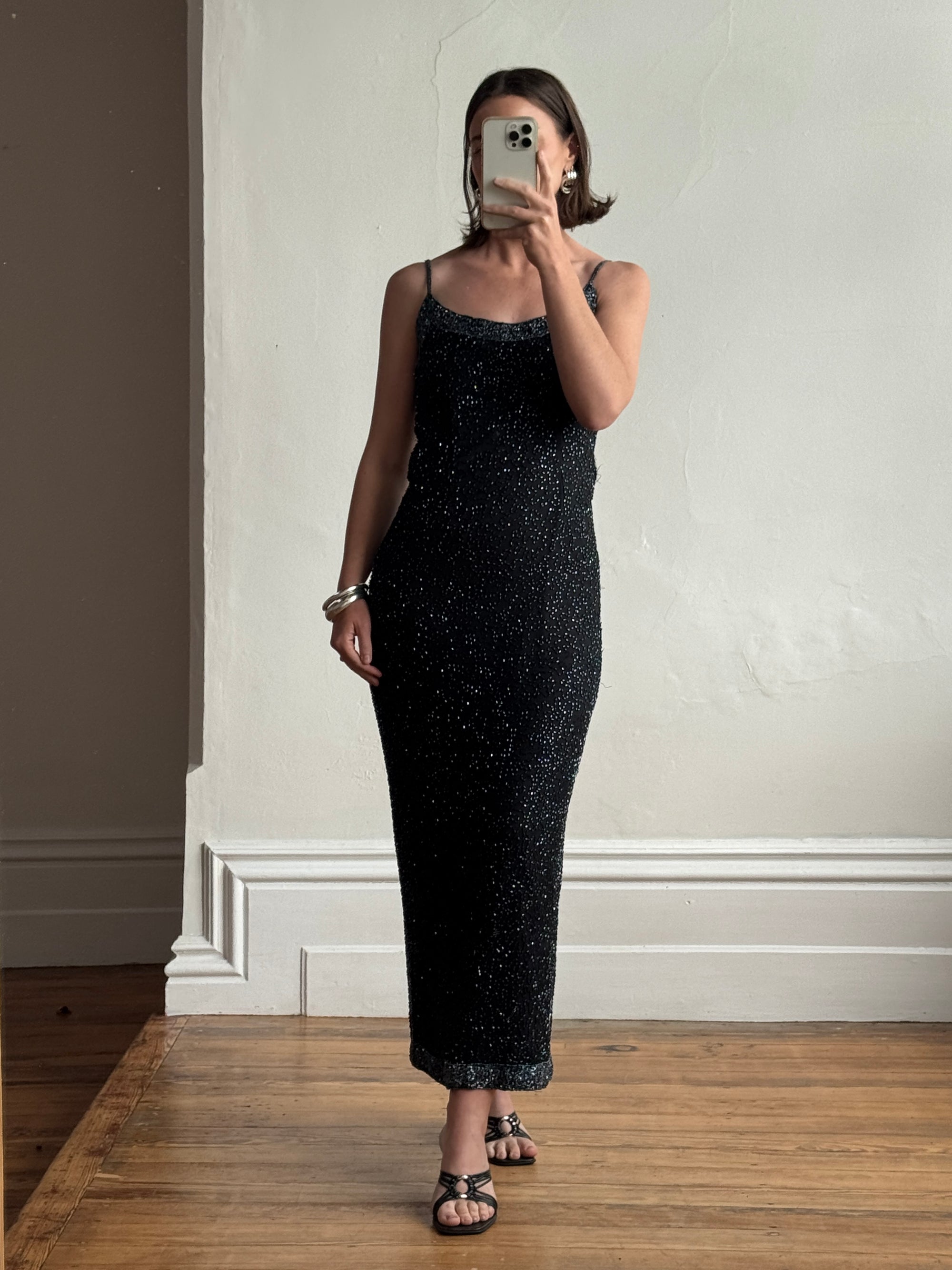 Vintage 90s Pure Silk Sparkle Dress Noir