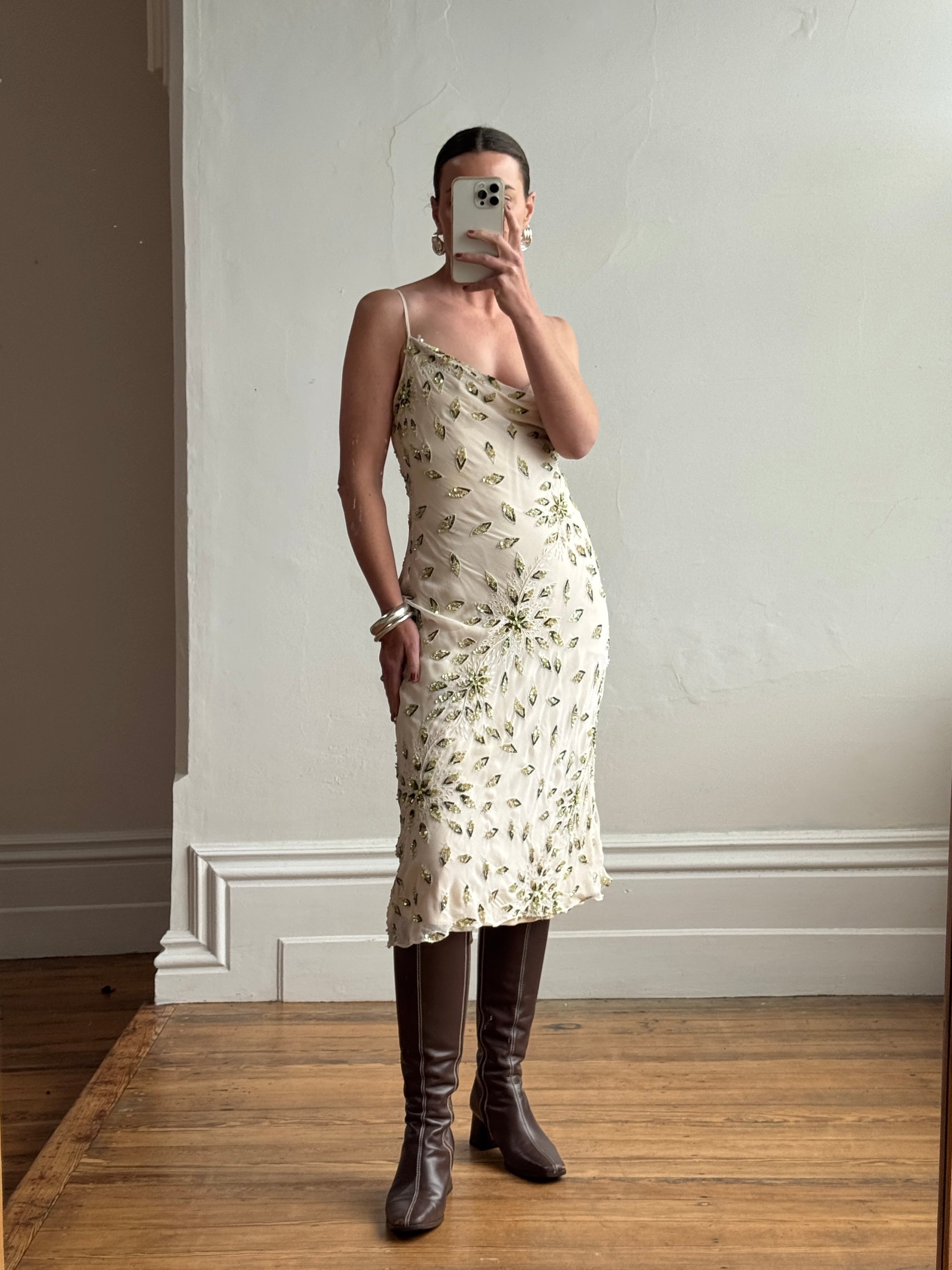 Vintage 90s Pure Silk Sequin Leaf Cowl Neck Dress