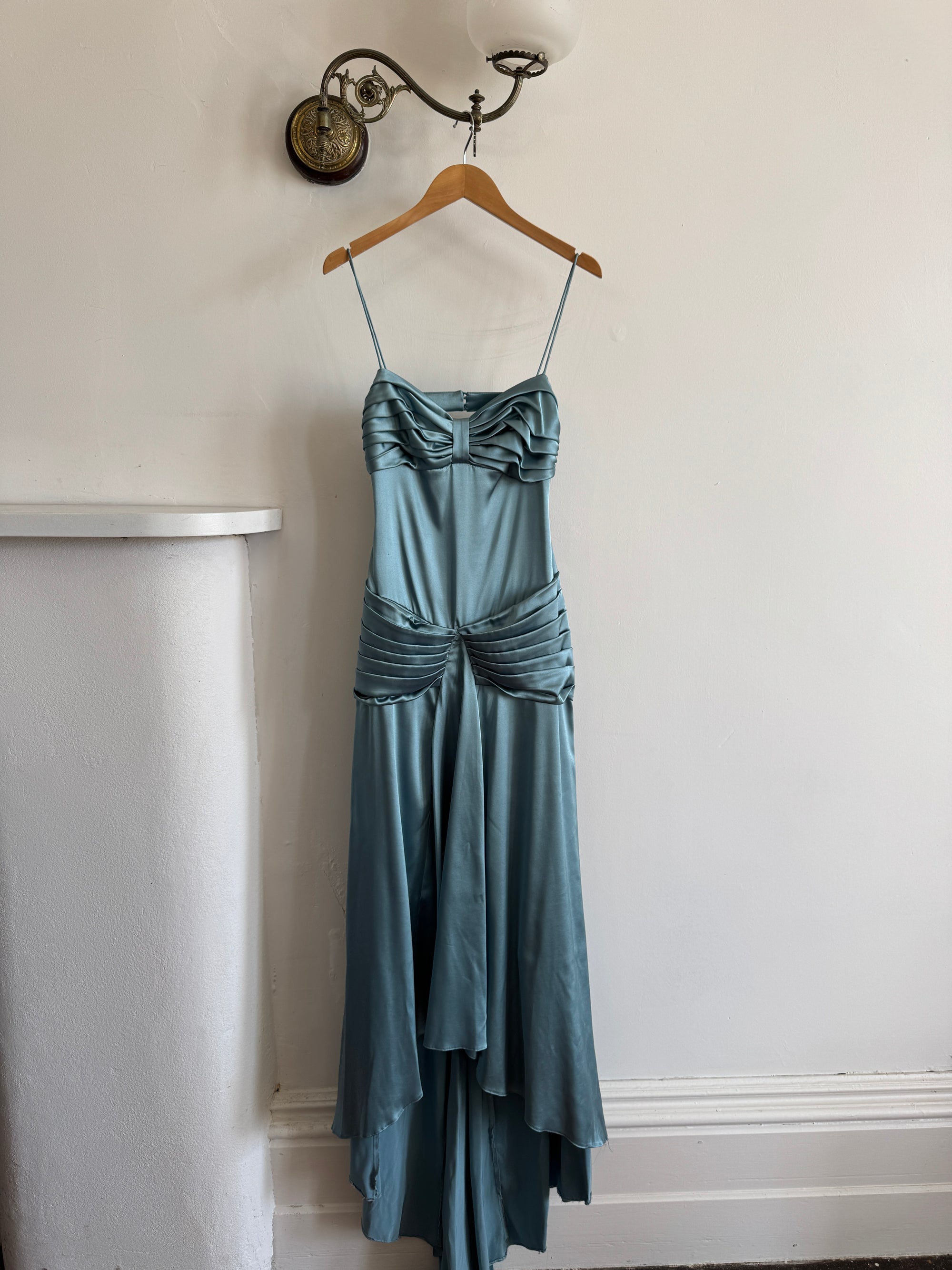 Vintage 90s Teal Satin High Low Prom Dress