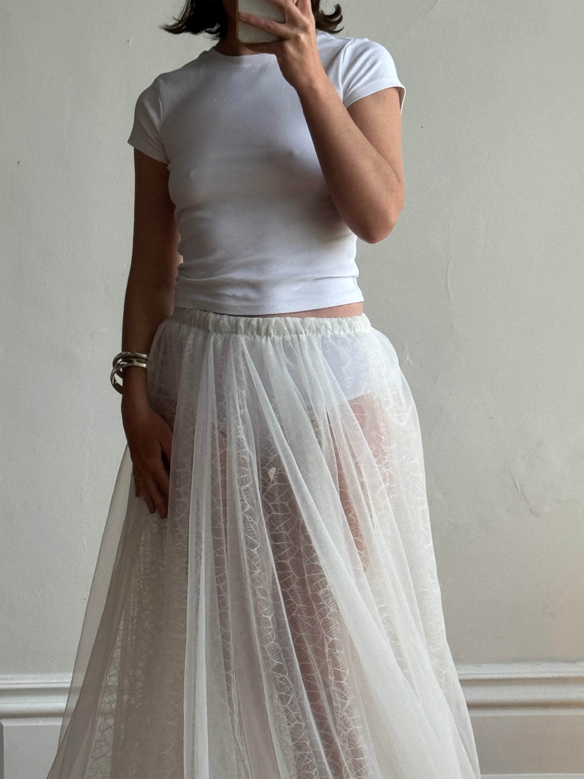 Vintage 80s Sheer Organza Webbed Lace Bridal Skirt