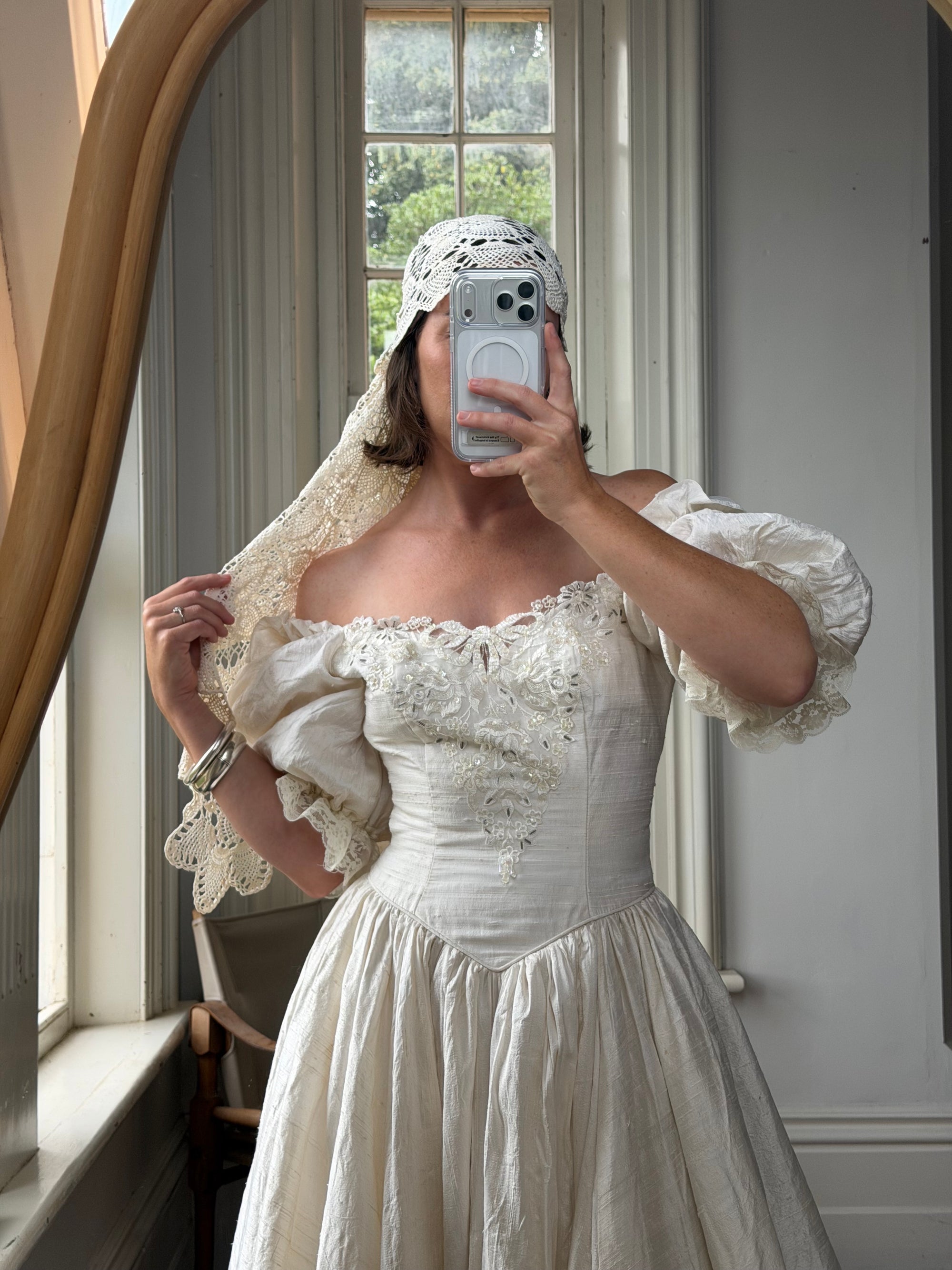 Vintage 90s Silk Puff Sleeve Embroidered Wedding Dress