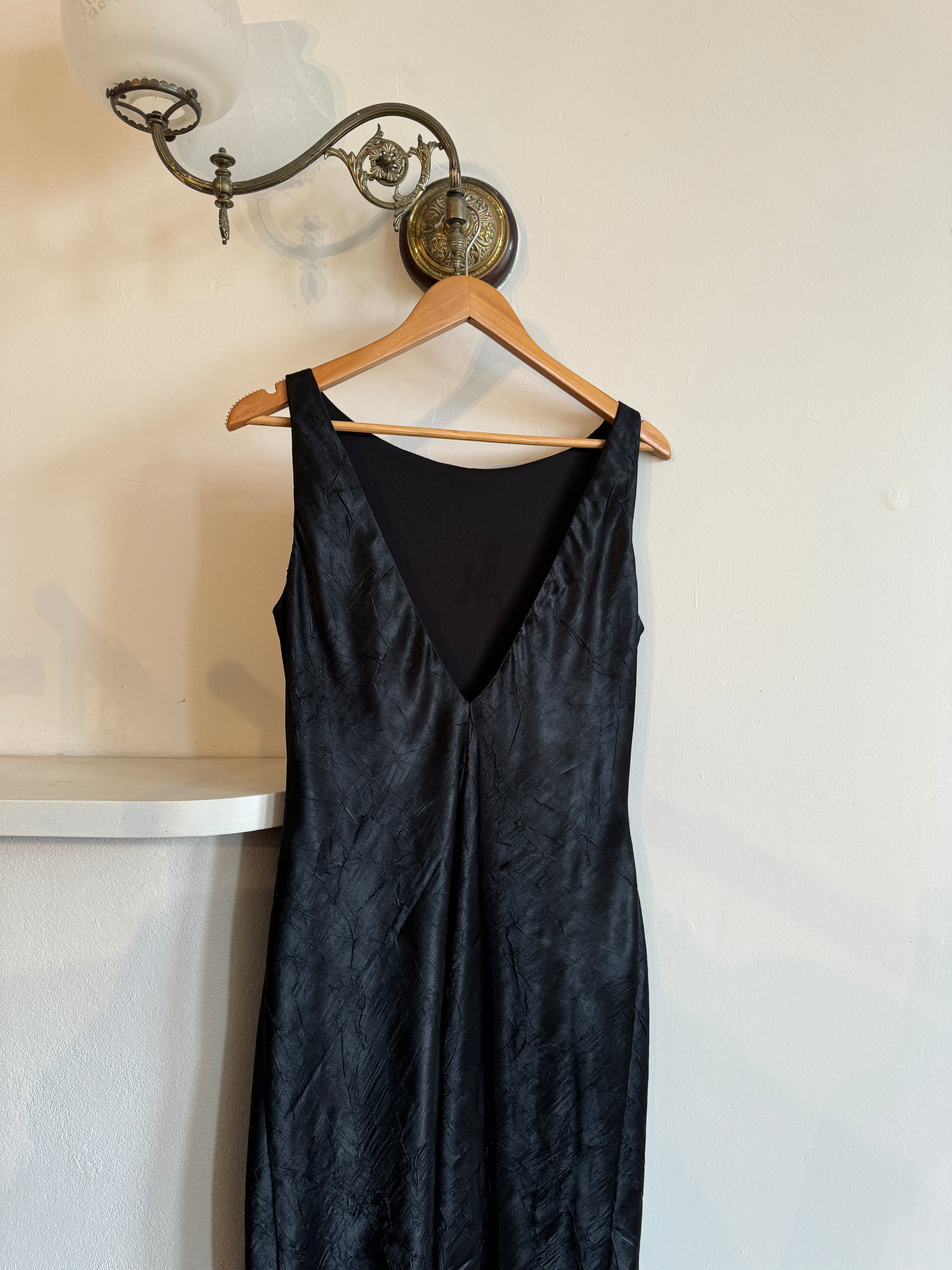 Vintage 90s Black Crinkle Midi Dress