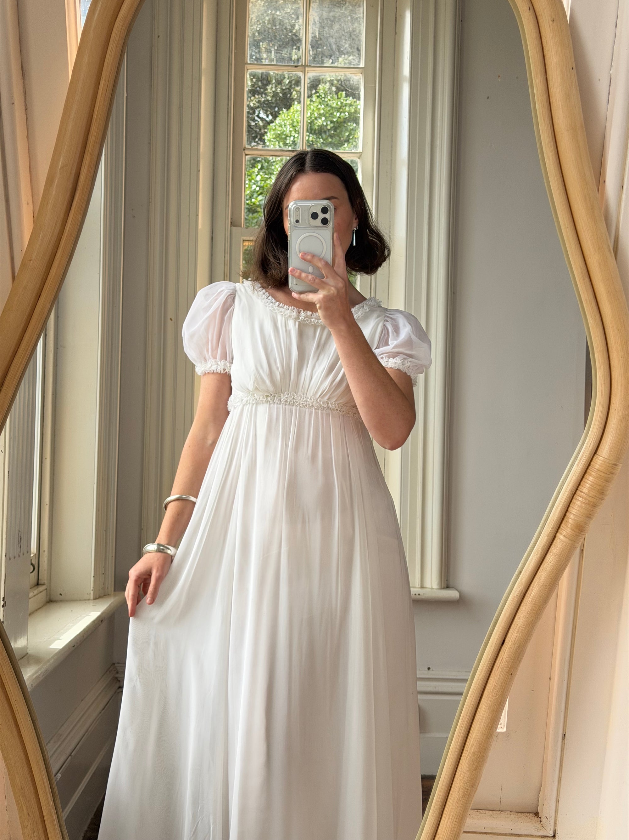 Vintage 70s White Chiffon Smocked Puff Sleeve Wedding Dress