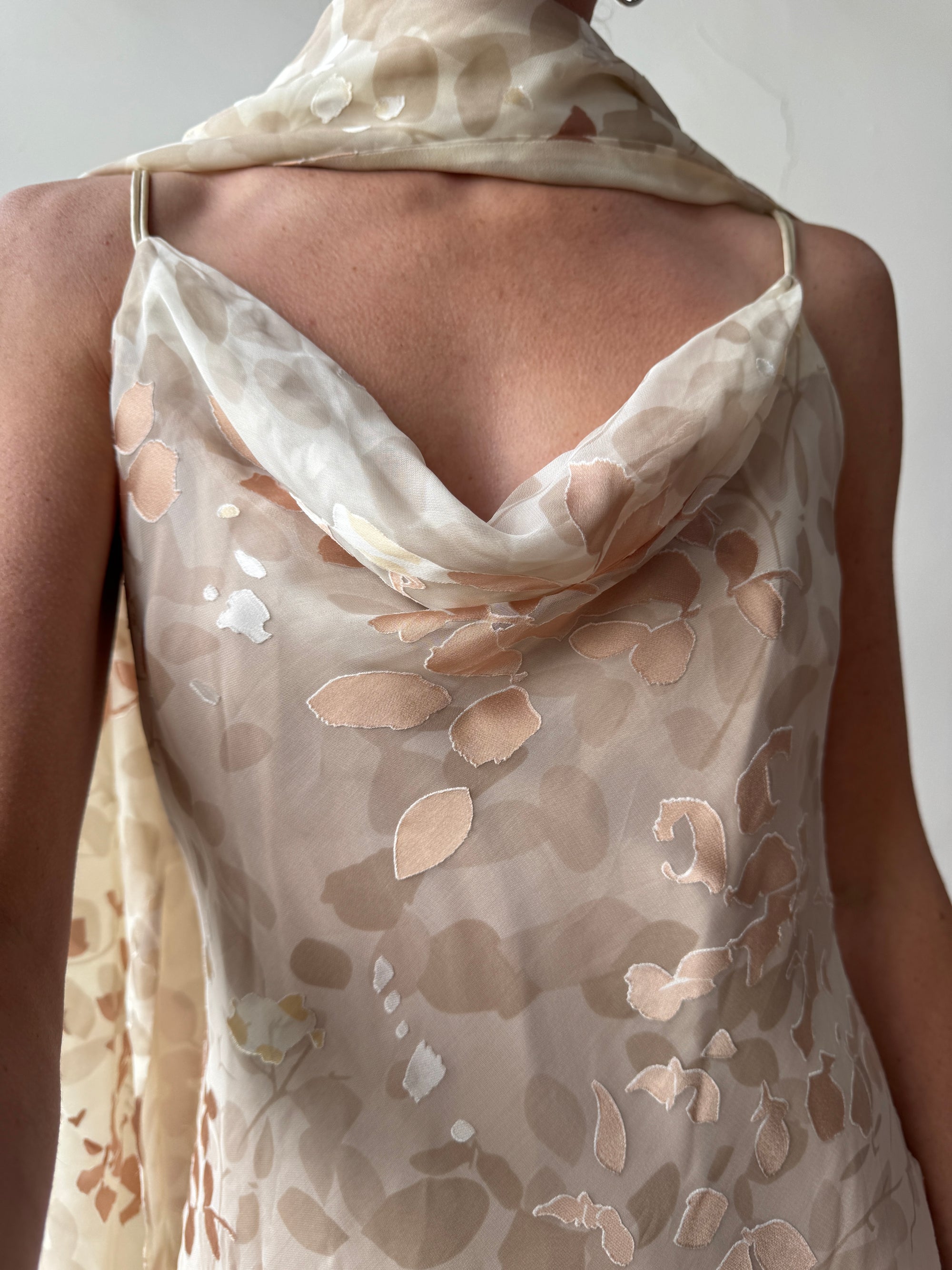 Vintage 90s Bias Cut Cowl Neck Nude Burnt Velvet with Scarf