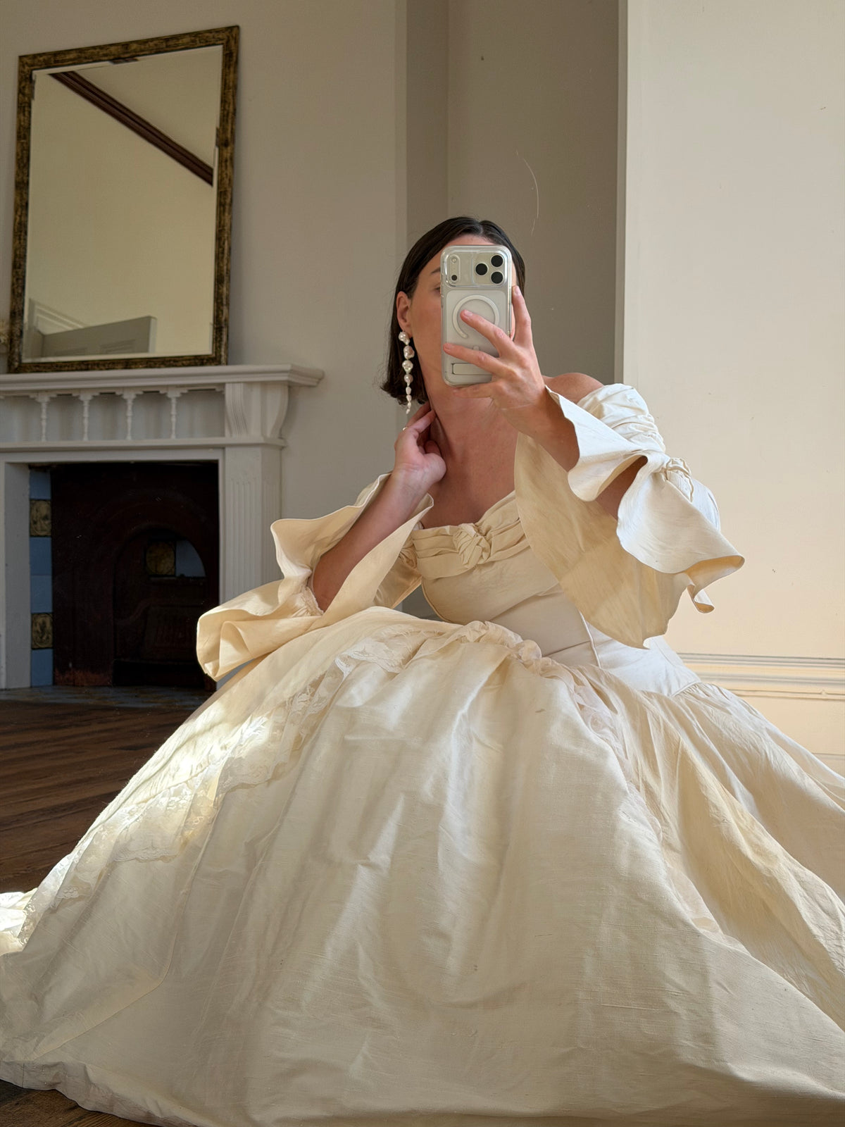 Vintage 90s Silk Dupion Off Shoulder Rosette Bridal Ballgown