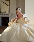 Vintage 90s Silk Dupion Off Shoulder Rosette Bridal Ballgown