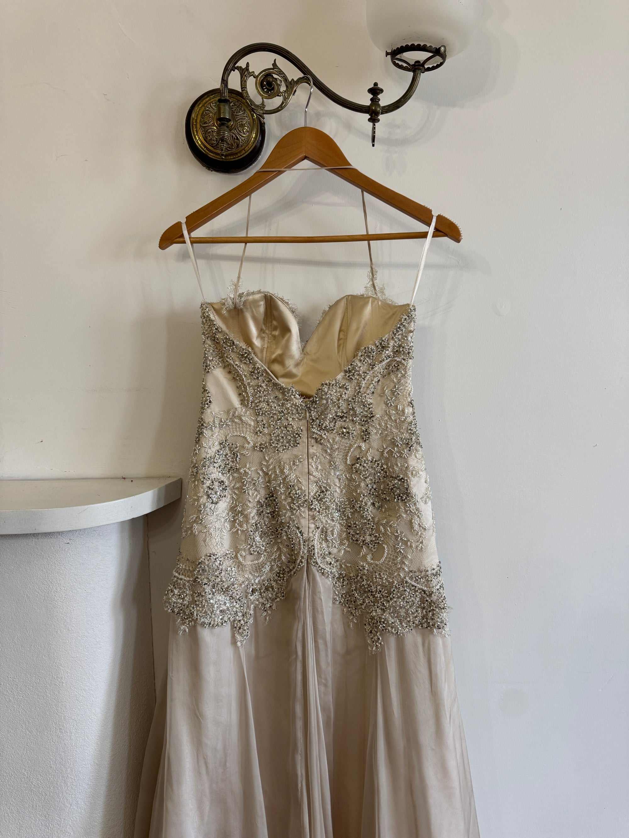 Vintage 90s Pure Silk Drop Waist Beaded Halter Gown with Cathedral Train