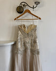Vintage 90s Pure Silk Drop Waist Beaded Halter Gown with Cathedral Train