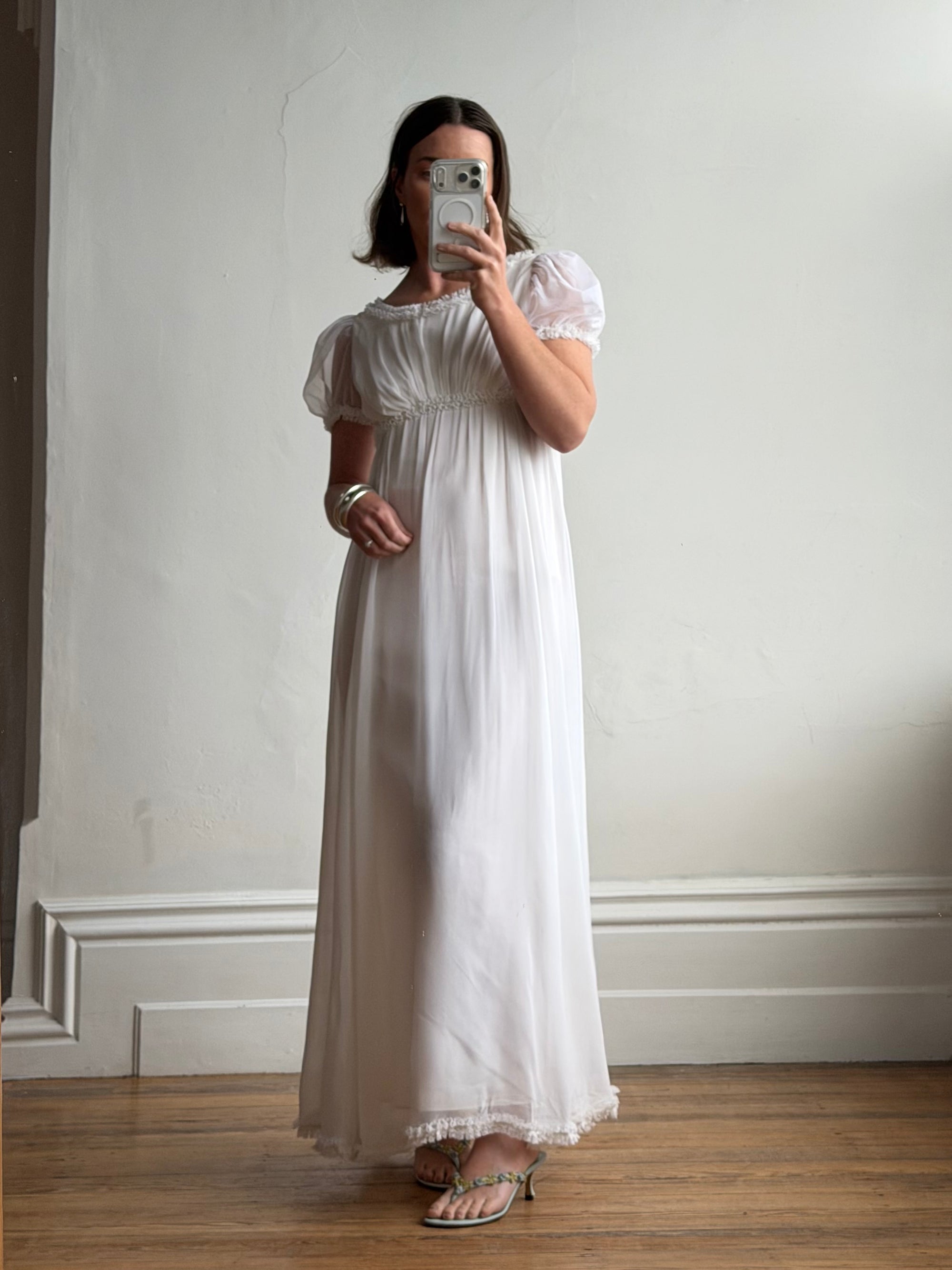 Vintage 70s White Chiffon Smocked Puff Sleeve Wedding Dress