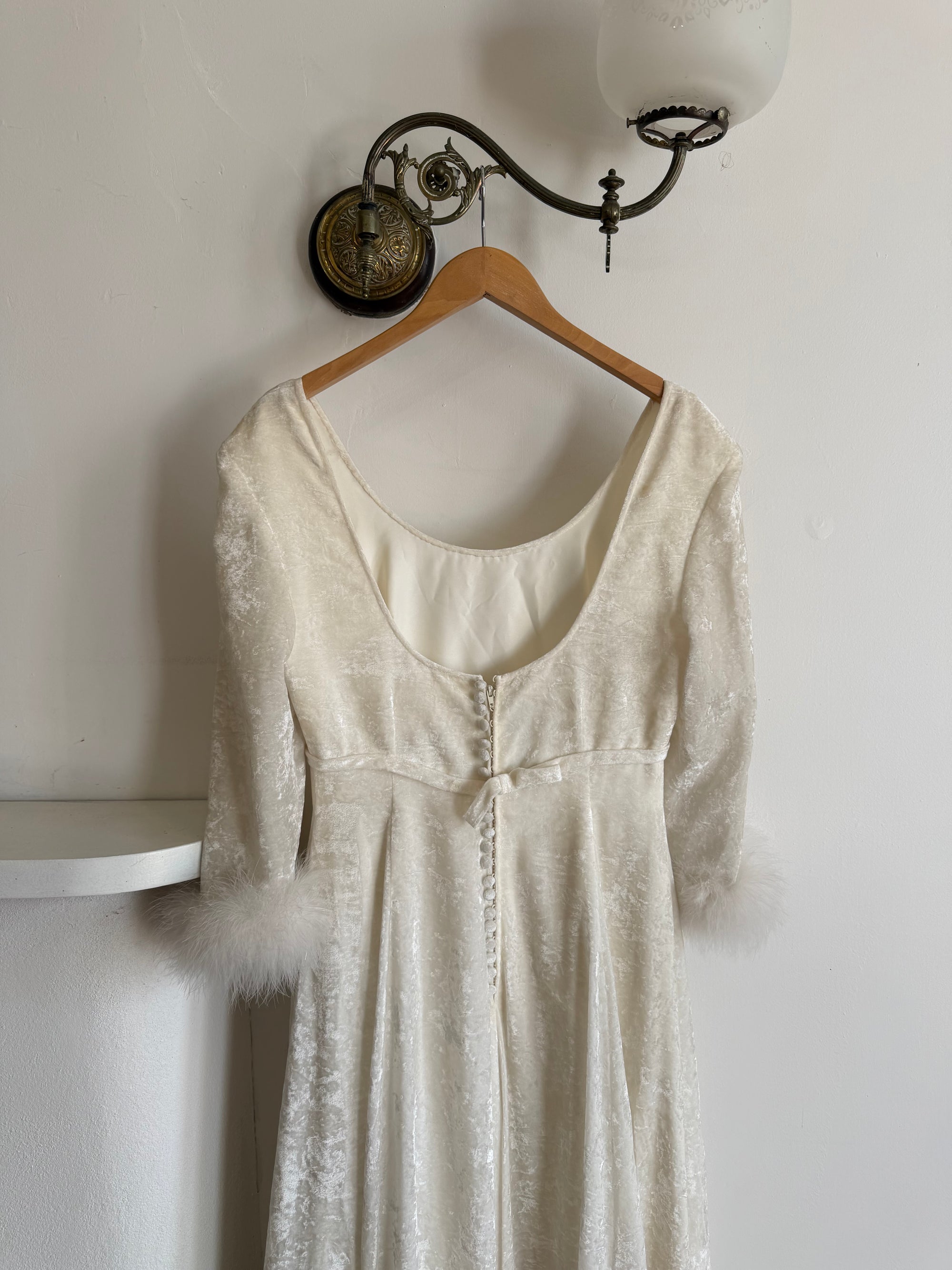 Vintage 90s Italian Velvet Long Sleeve Feather Wedding Gown