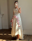 Vintage 60s Silk Pleated Wedding Gown with Pink Flowers