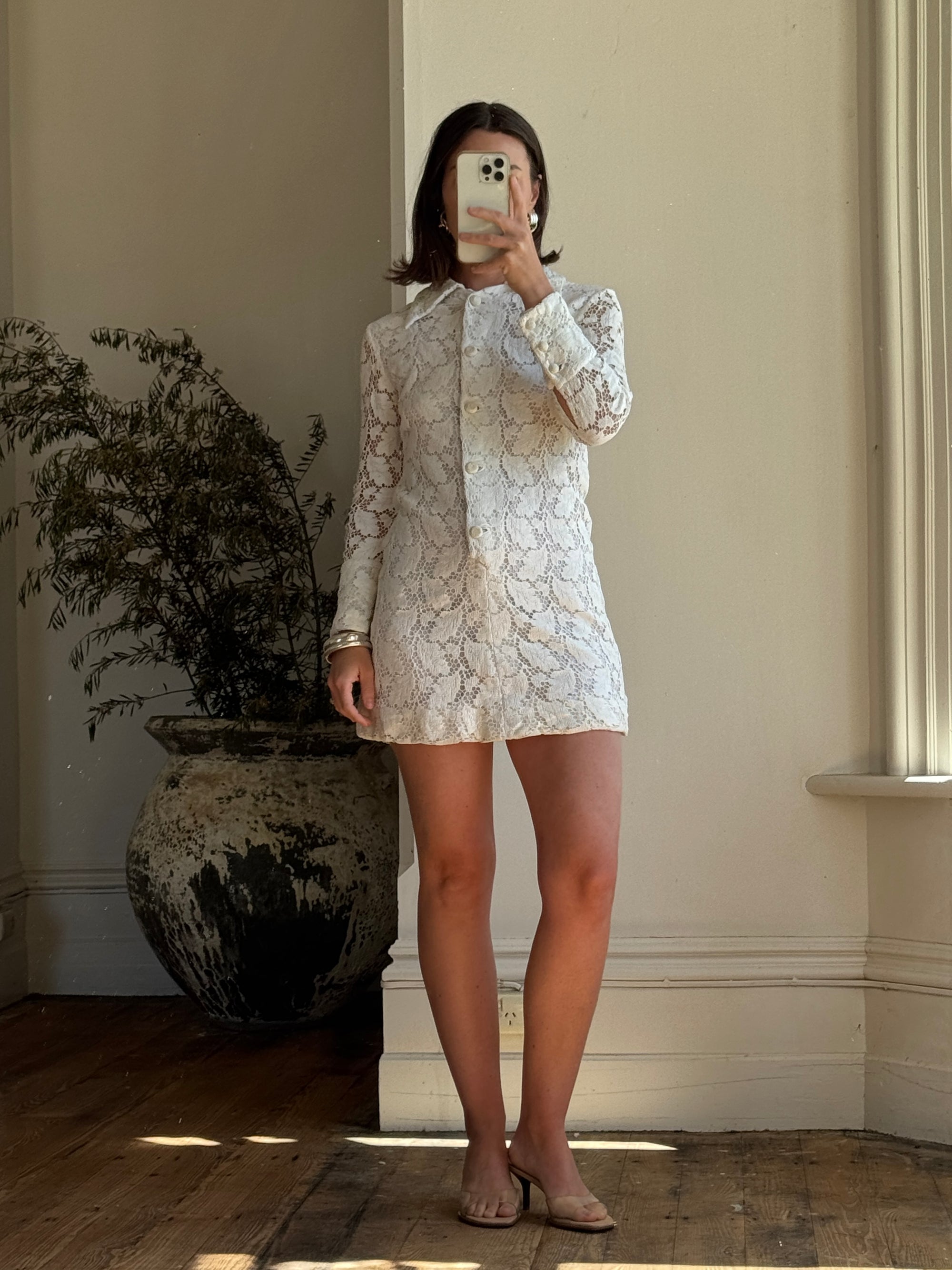 Vintage 70s Lace Button Up Micro Mini