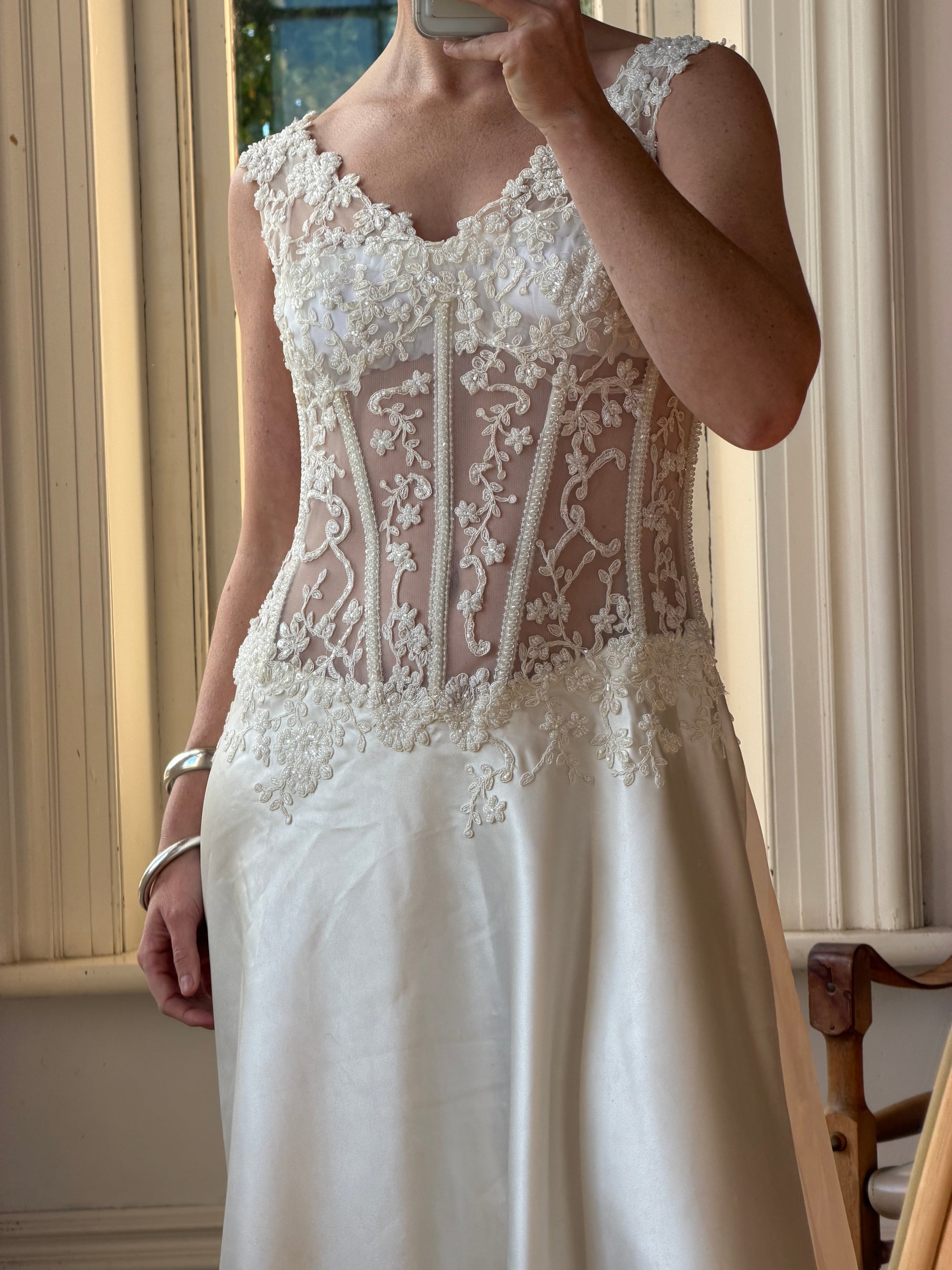 Vintage 90s Italian Naked Embroidered Satin Wedding Dress