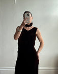 Vintage 30s Brown Velvet Bias Cut Dress With Rosette tie