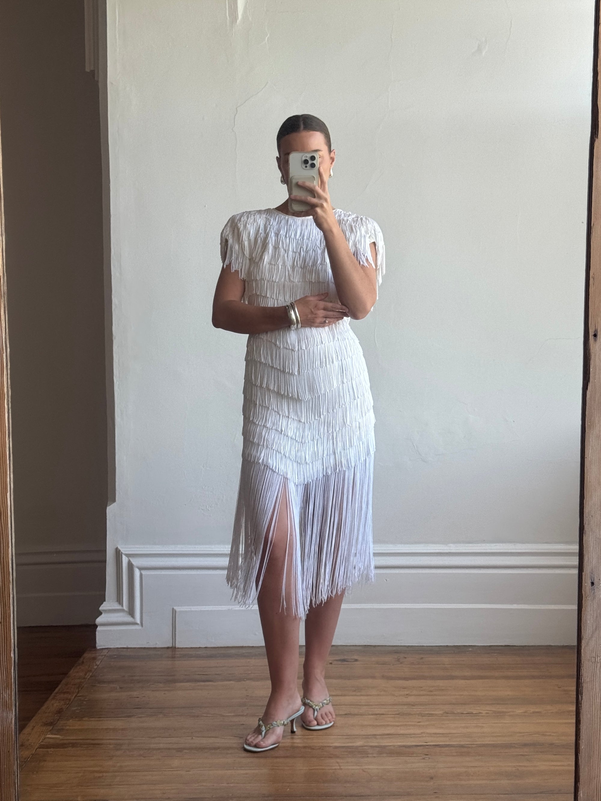 Vintage 80s Fringed Mini Party Dress Ivory