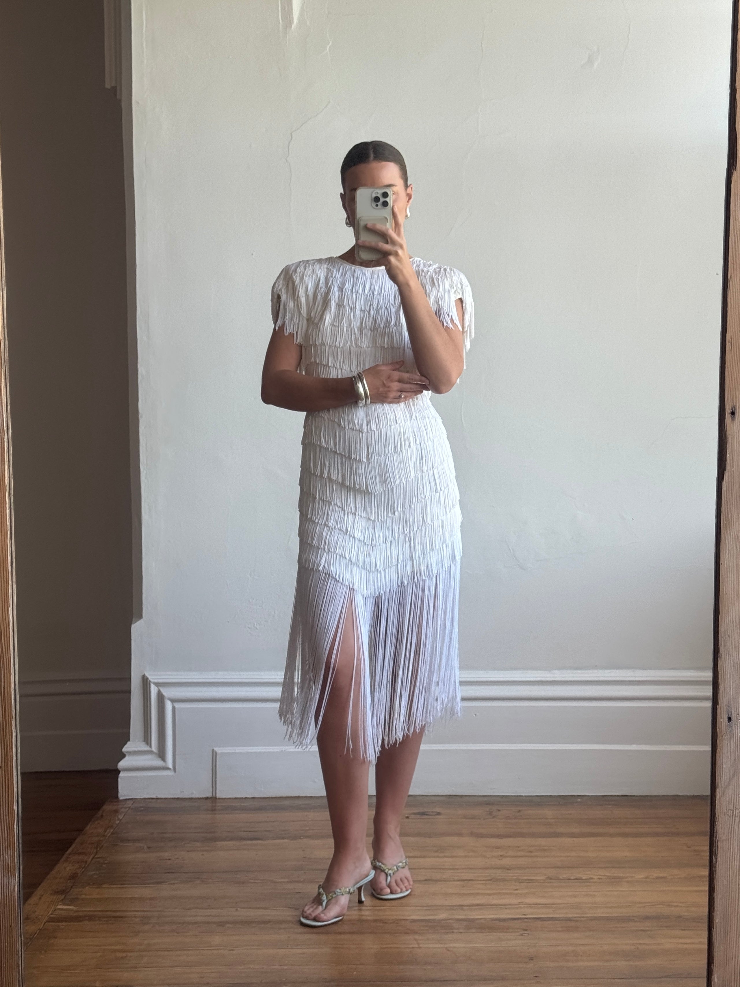 Vintage 80s Fringed Mini Party Dress Ivory