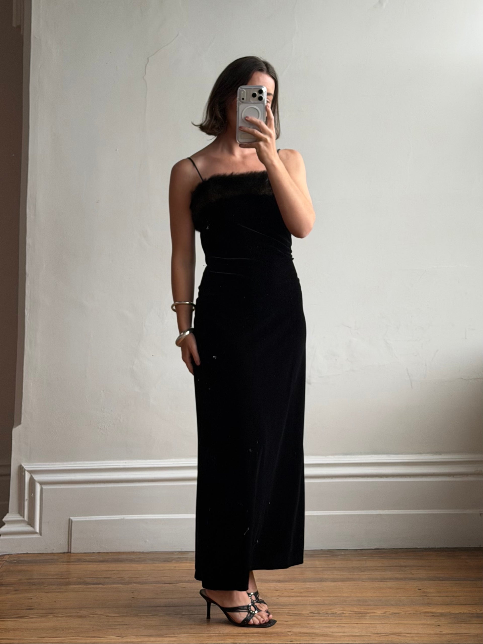 Vintage 90s Velvet Bodycon Maxi Dress with Fur Trim  Call Me The Breeze