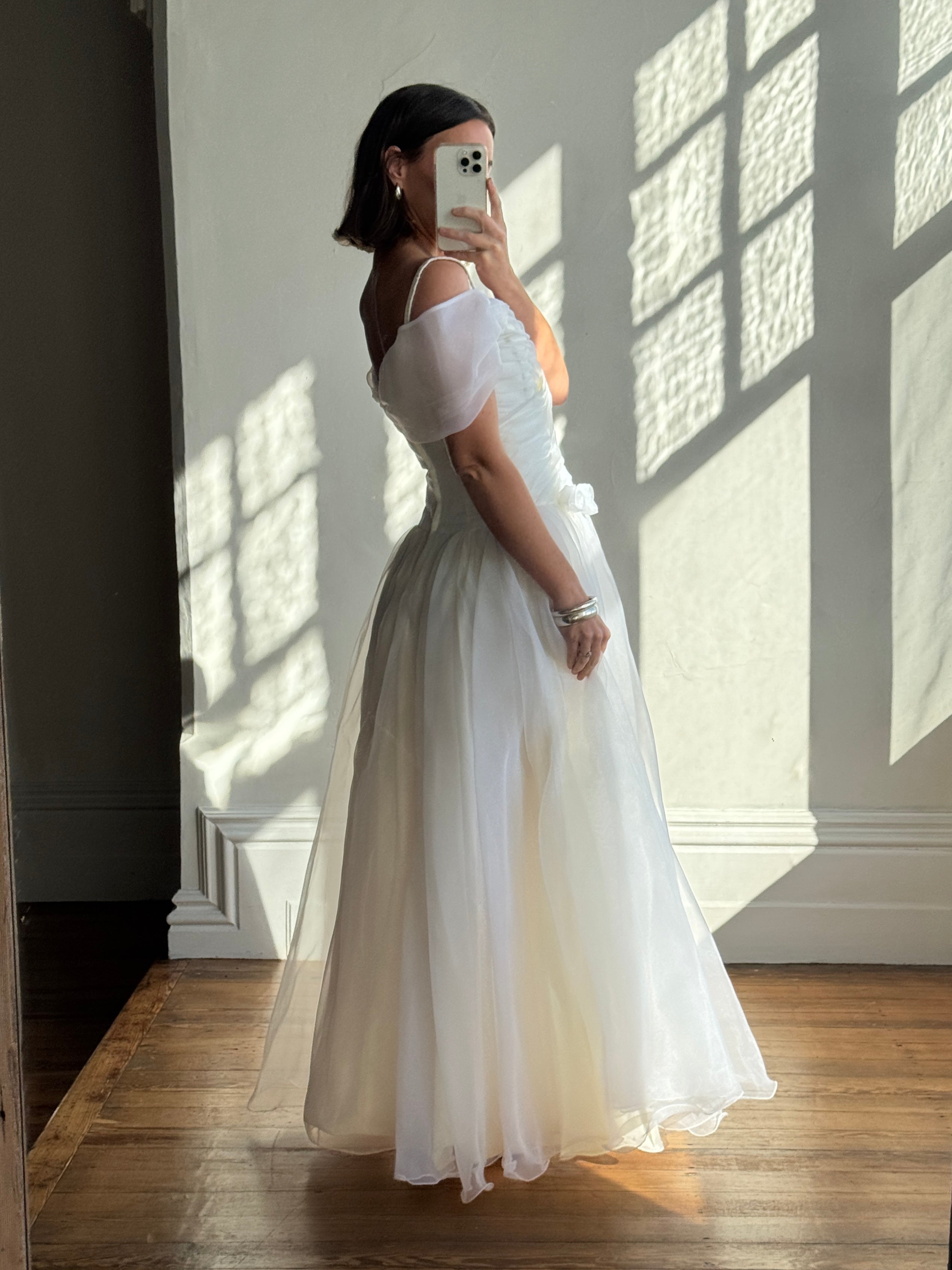 Vintage 80s Chiffon Rosette Off Shoulder Wedding Dress