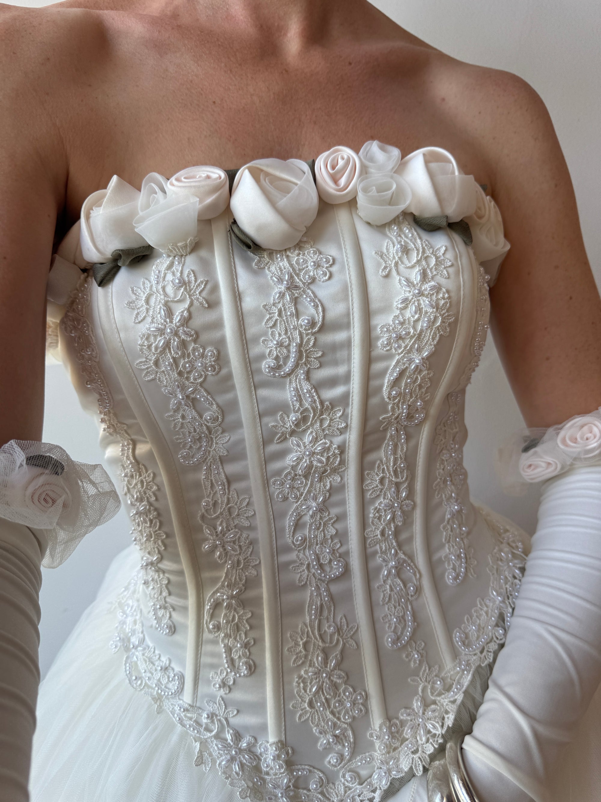 Vintage 90s Rosette Tulle Princess Wedding Gown with Gloves