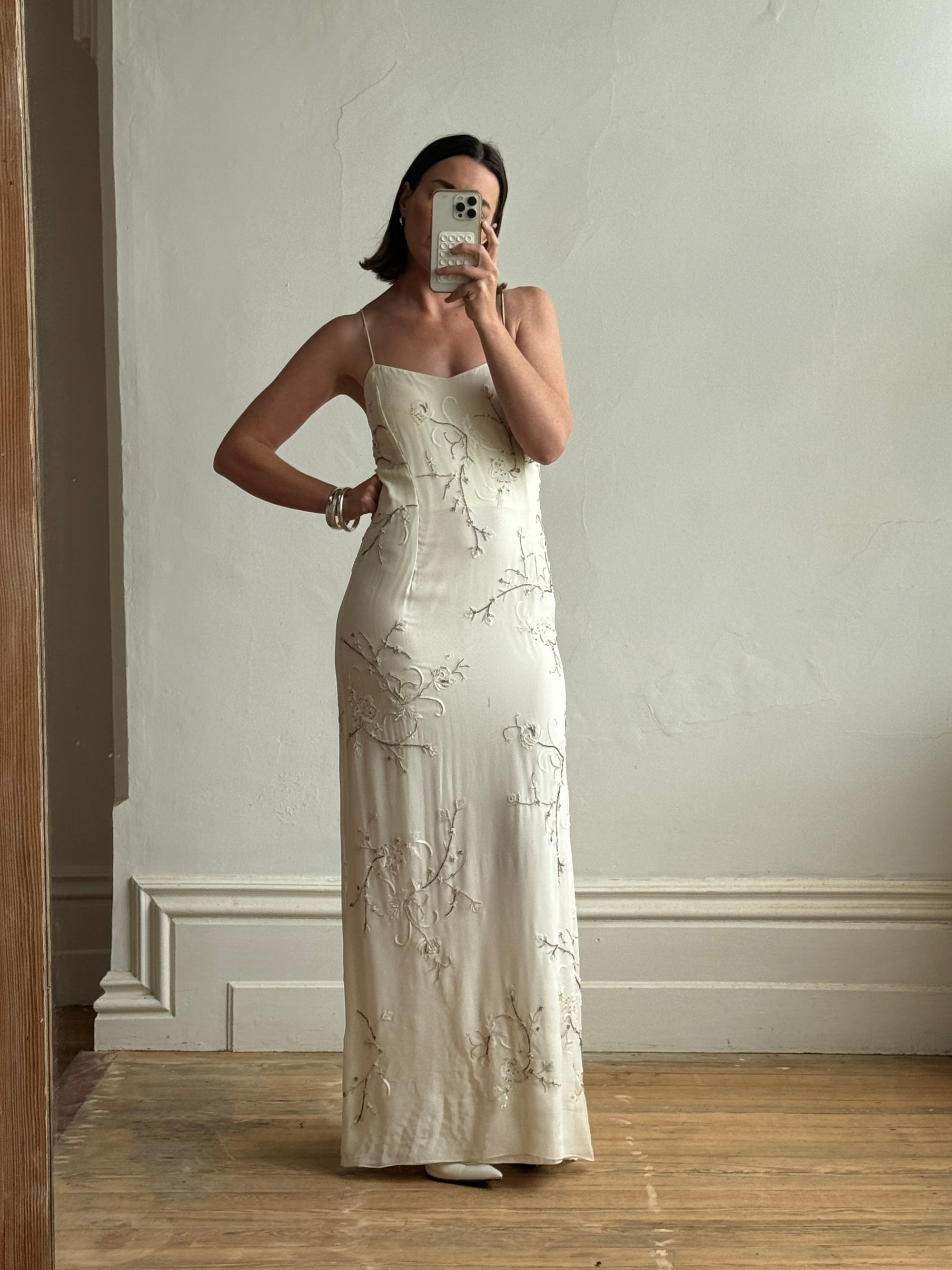 Vintage 90s Pure Silk Slip Embellished Gown