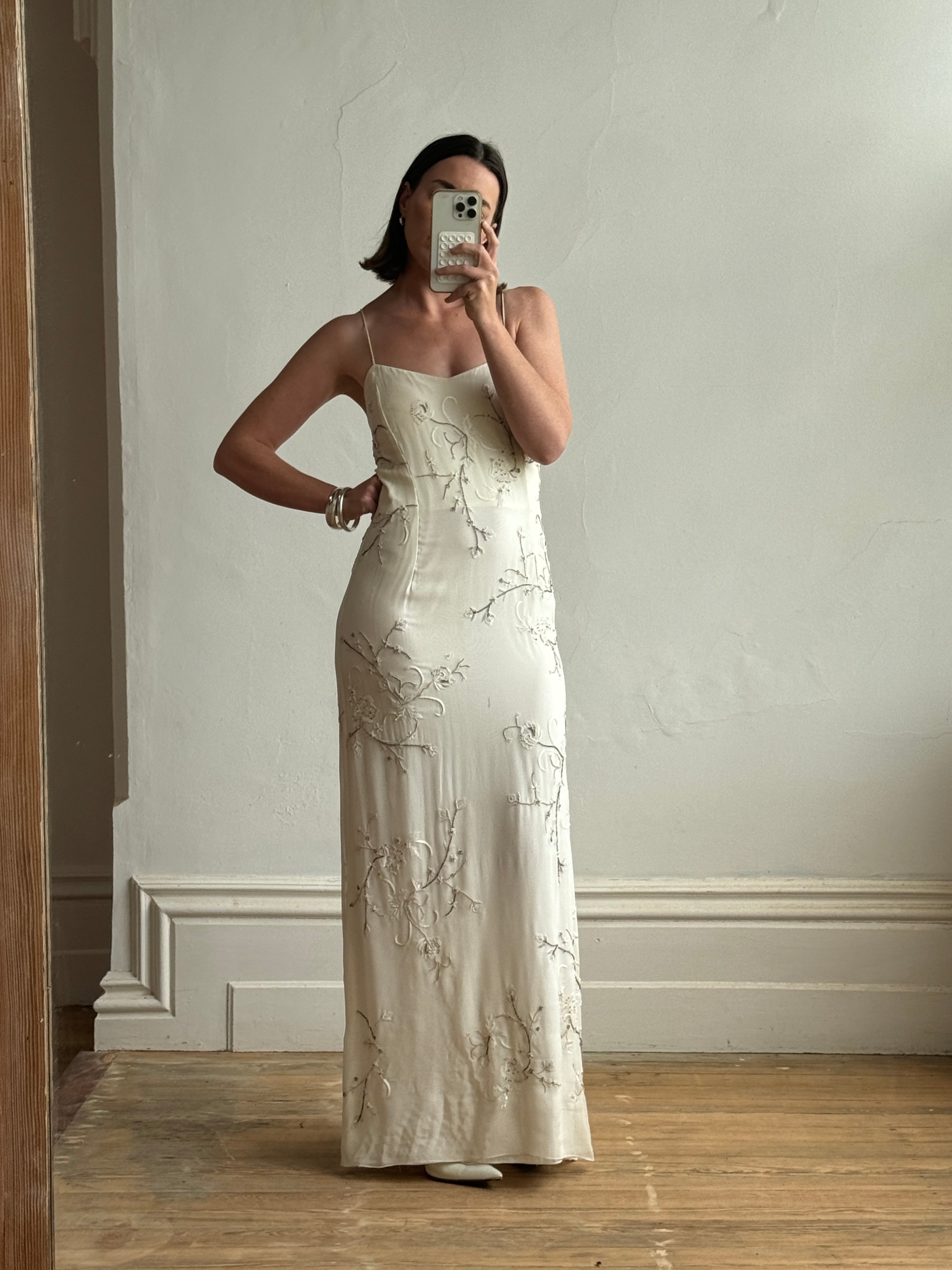 Vintage 90s Pure Silk Slip Embellished Gown