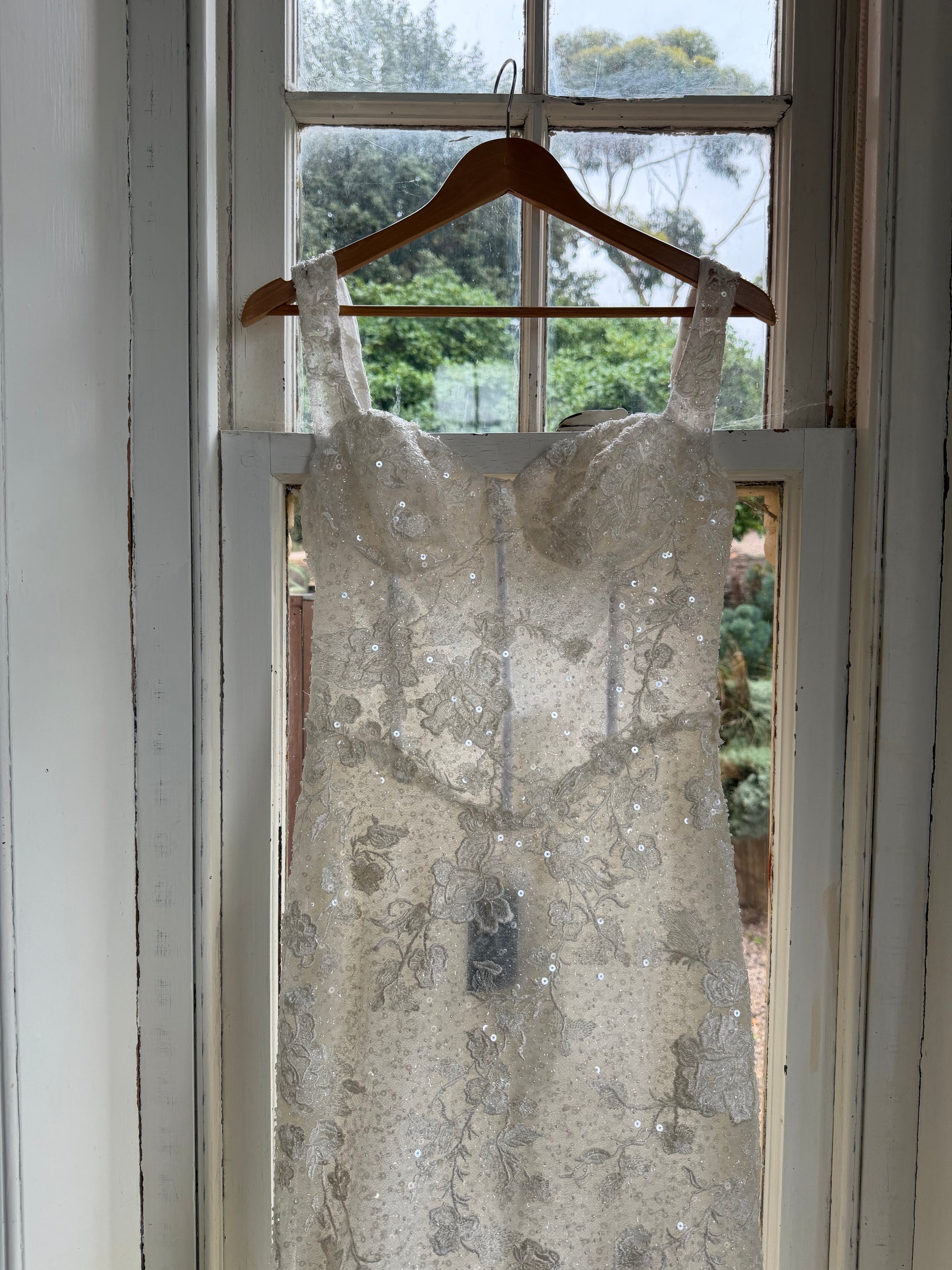 Vintage Y2K Italian Sheer Embroidered Naked Bustier Wedding Gown