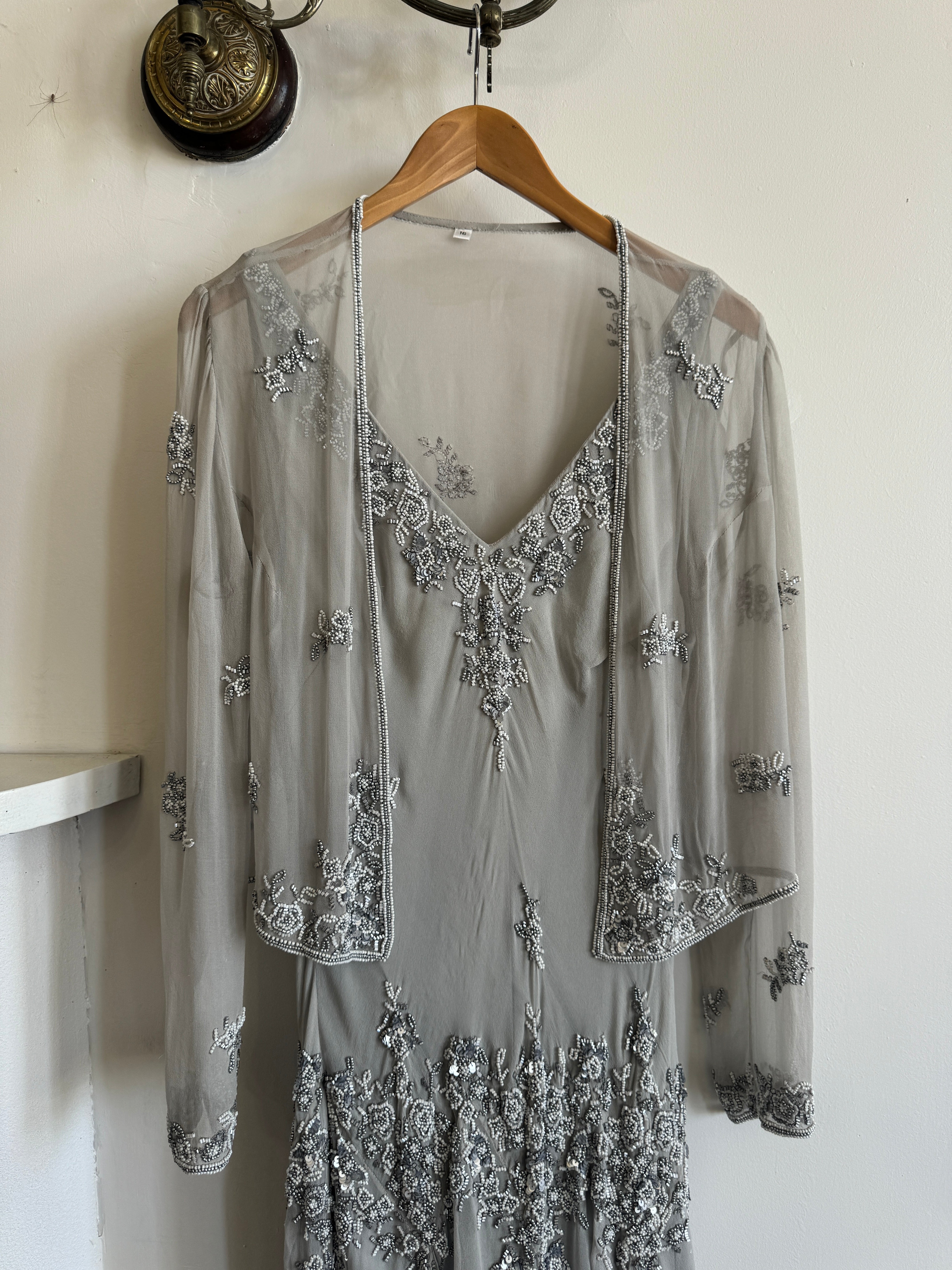 Vintage 90s Pure Silk Beaded V Neck Dress Light Grey