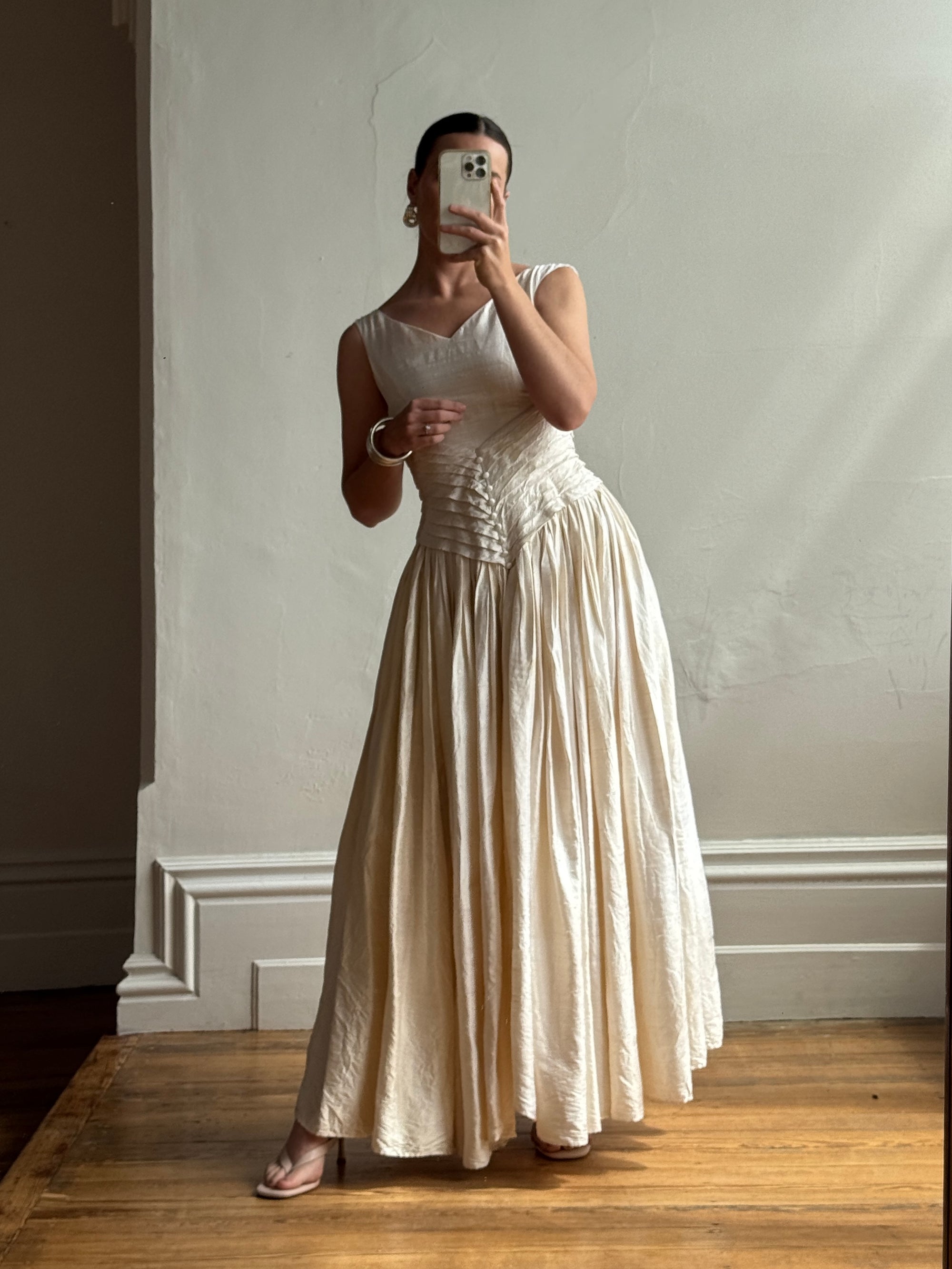 Vintage 90s Pure Silk Pleated Waist Wedding Dress
