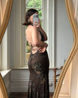 Vintage 90s Pure Silk Beaded Lace Up Dress Chocolate