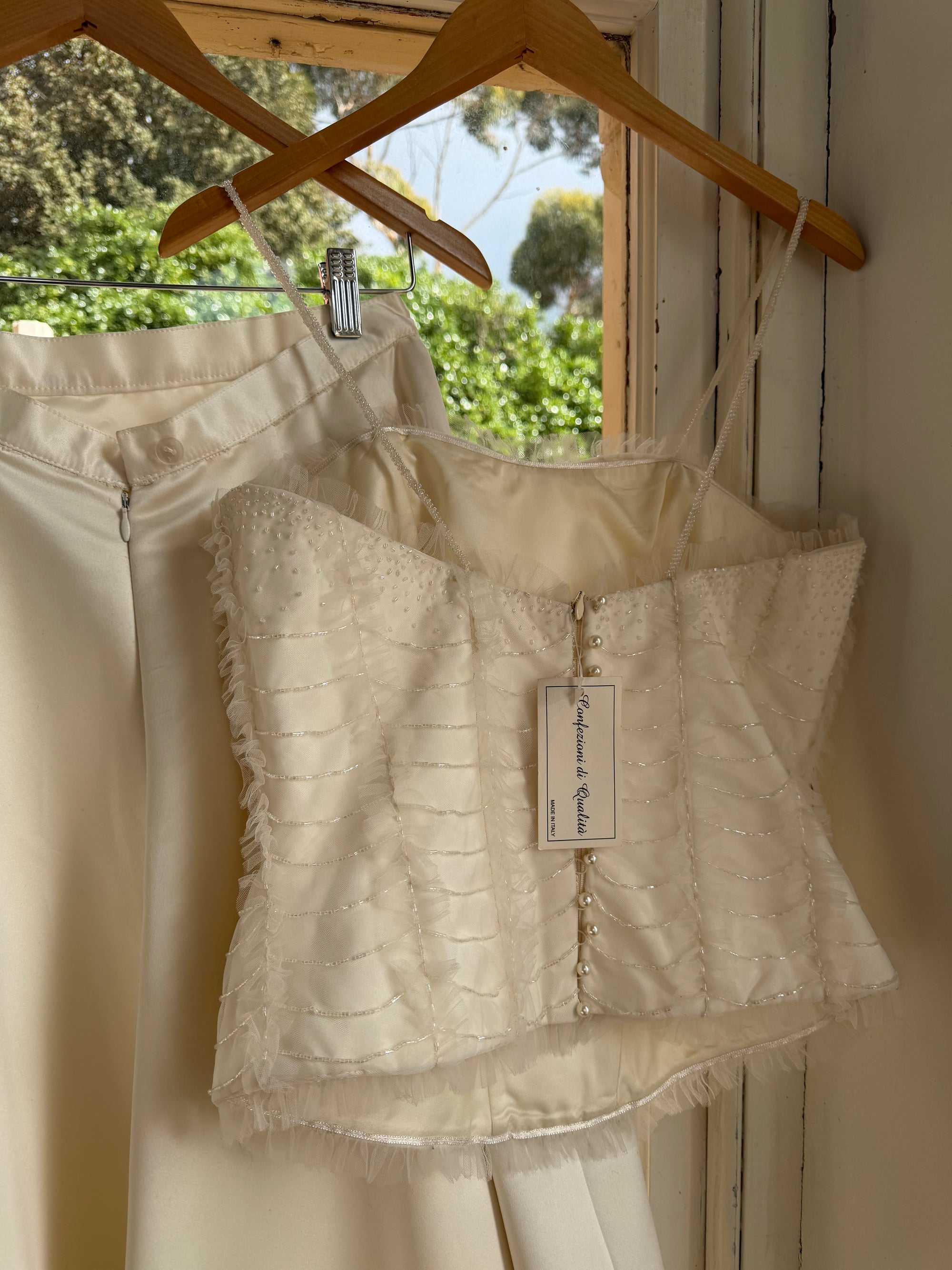 Vintage 90s Italian Bridal Fairy Tulle Embroidered Bustier and Satin Skirt