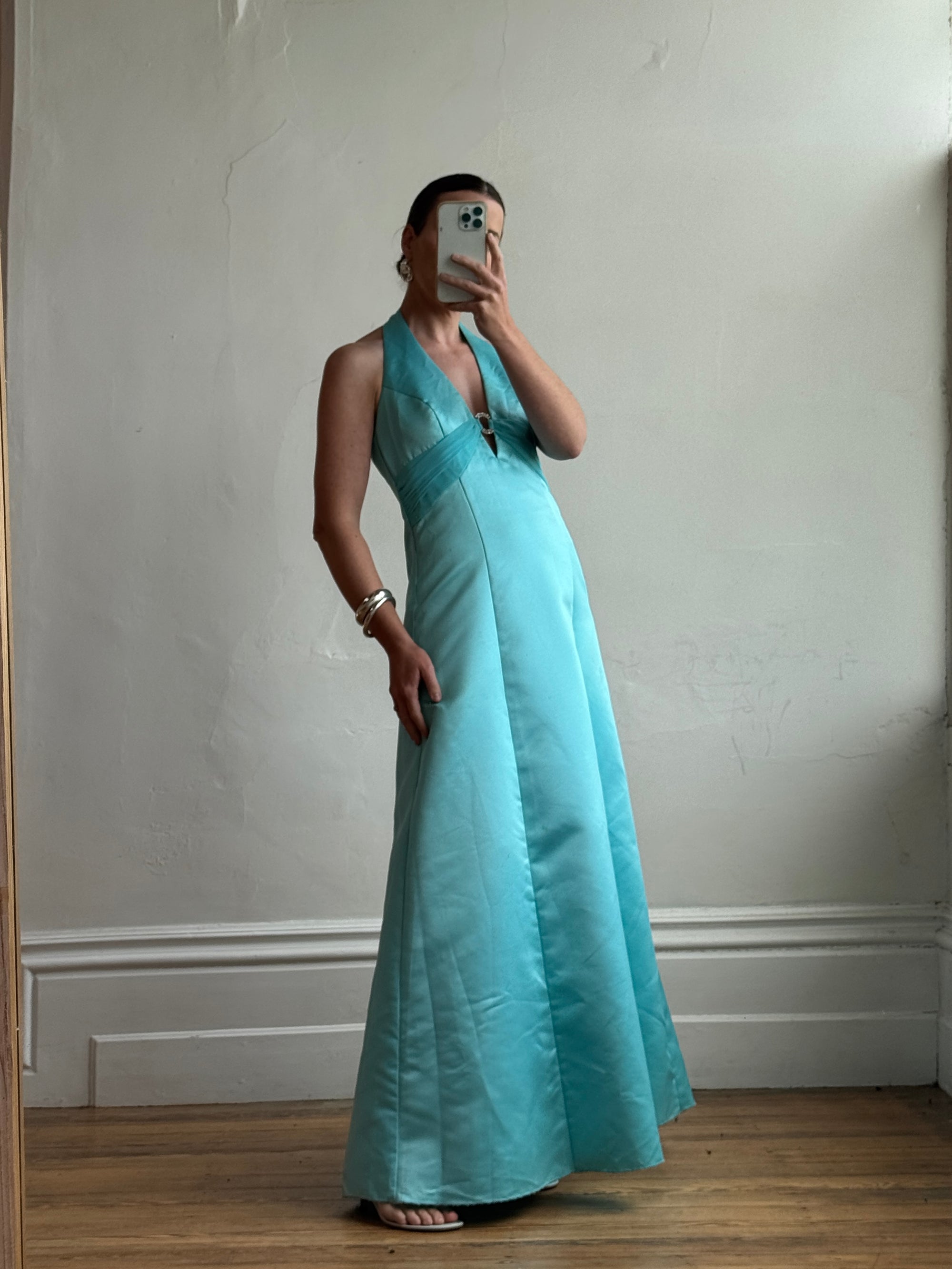Vintage 90s A-Line Aqua Prom Dress with Rhinestones