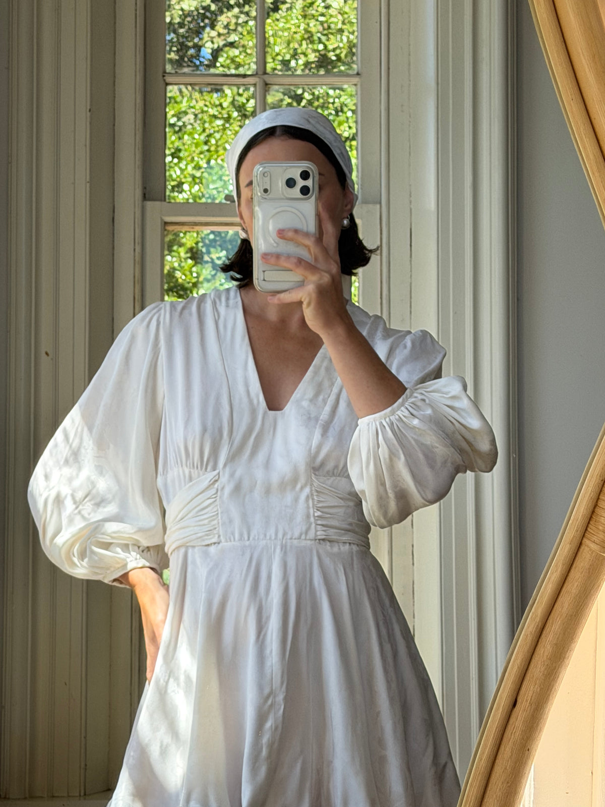 Vintage 70s Satin Jacquard Poet Sleeve Mini Dress