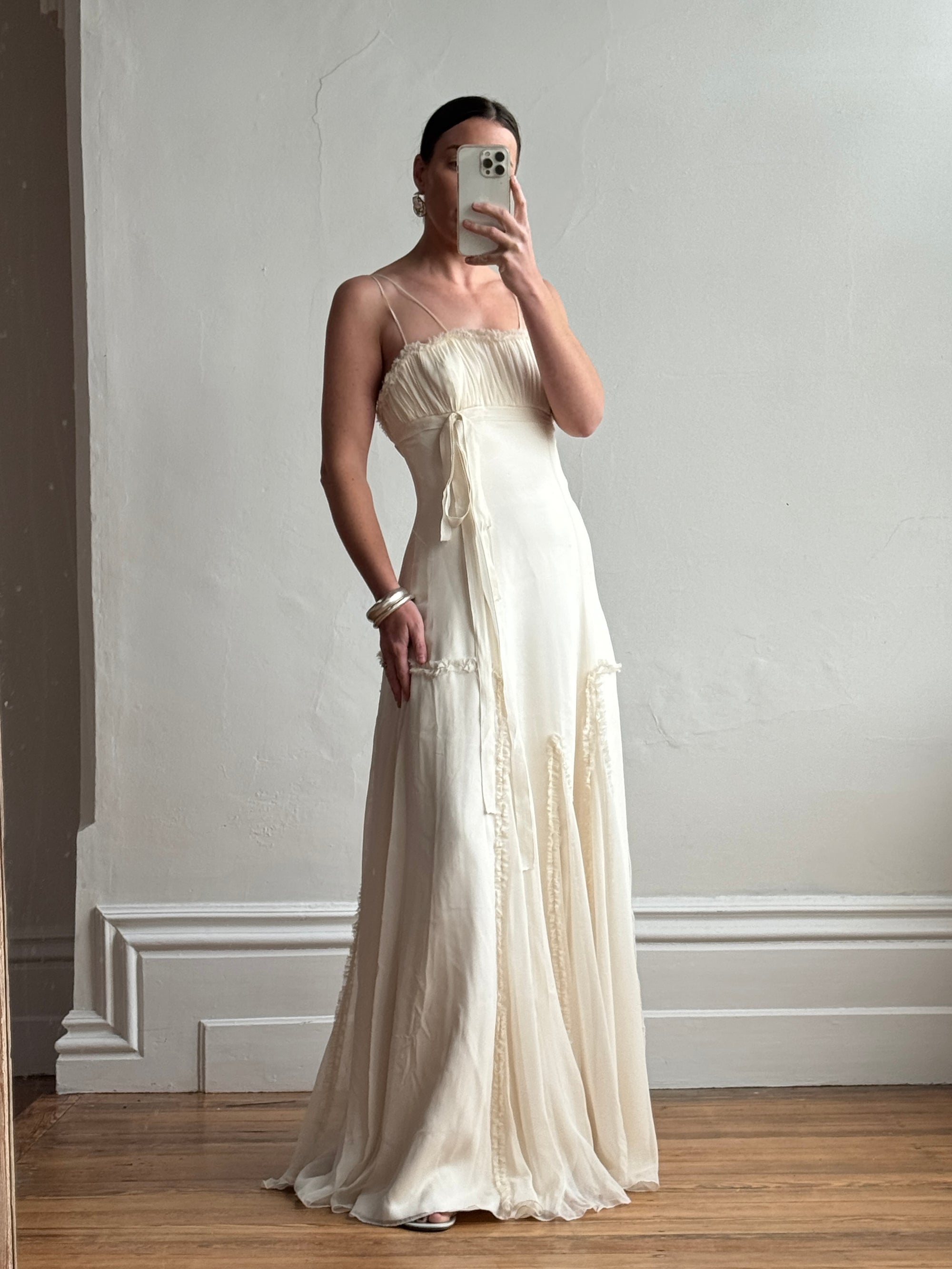 Vintage 90s Silk Chiffon Empire Wedding Gown Creme