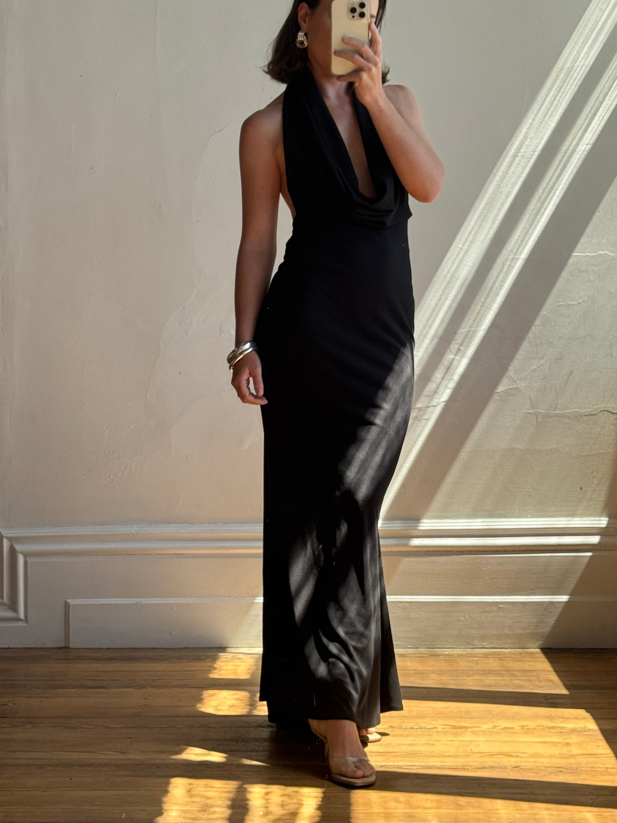 Vintage 90s Plunging Cowl Neck Body Con Dress Noir