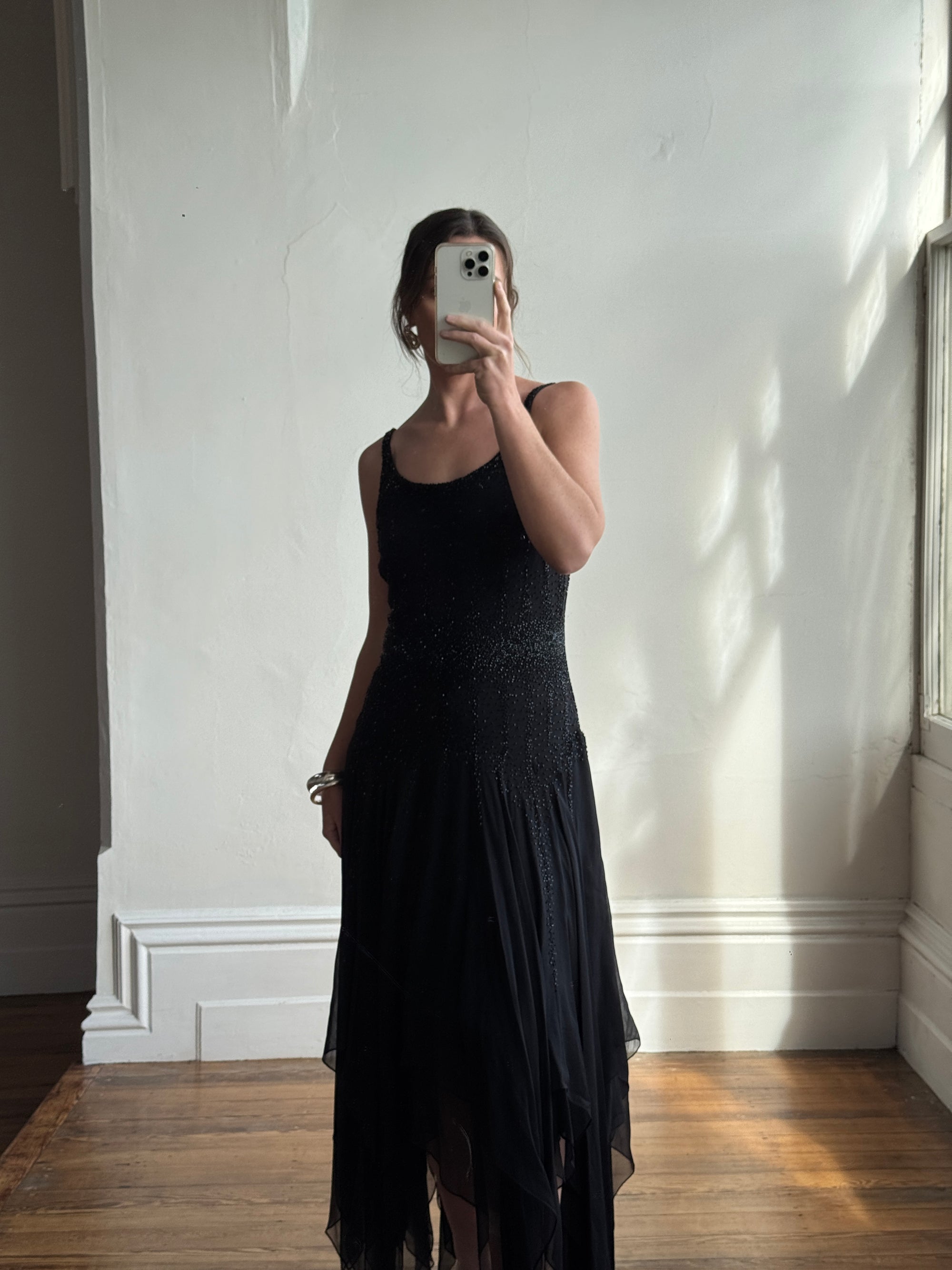 Vintage 90s Pure Silk Backless Beaded Fairy Dress Noir