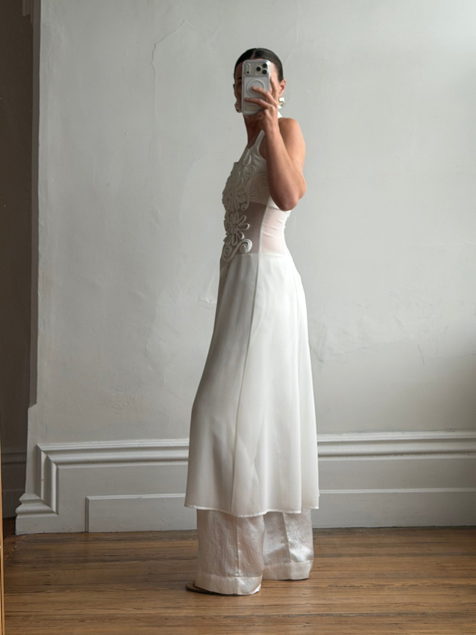 Vintage 90s Daisy Sheer Halter Midi Dress White