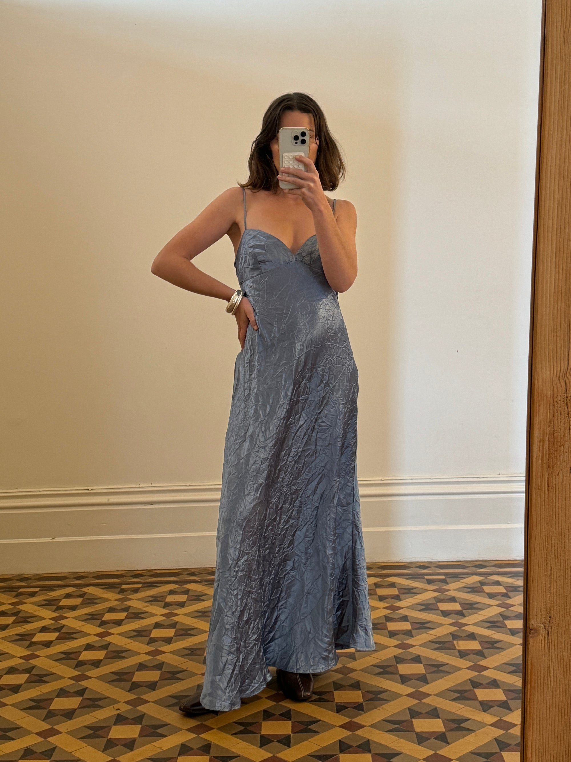 Vintage 90s Blue Crinkle Bias Slip Dress