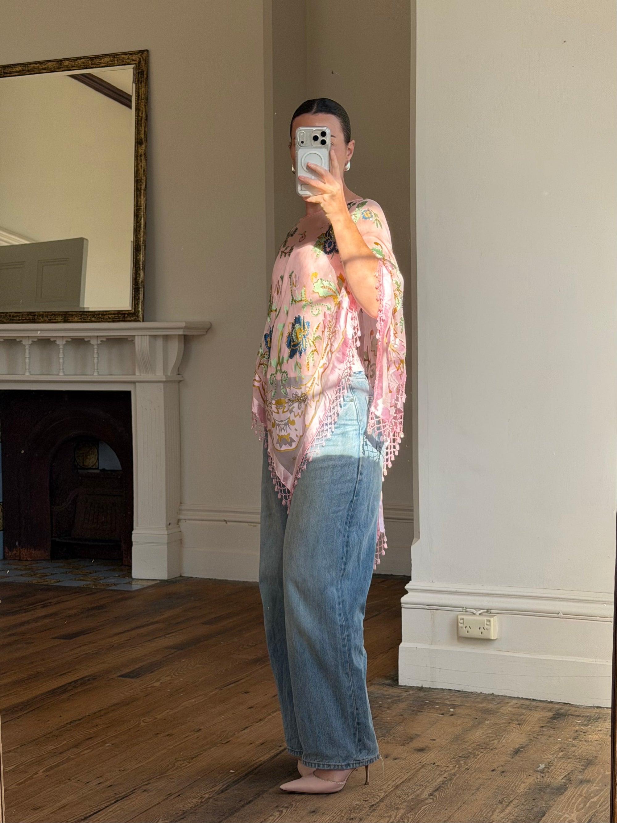 Vintage 90s Pink Floral Beaded Fringe Poncho