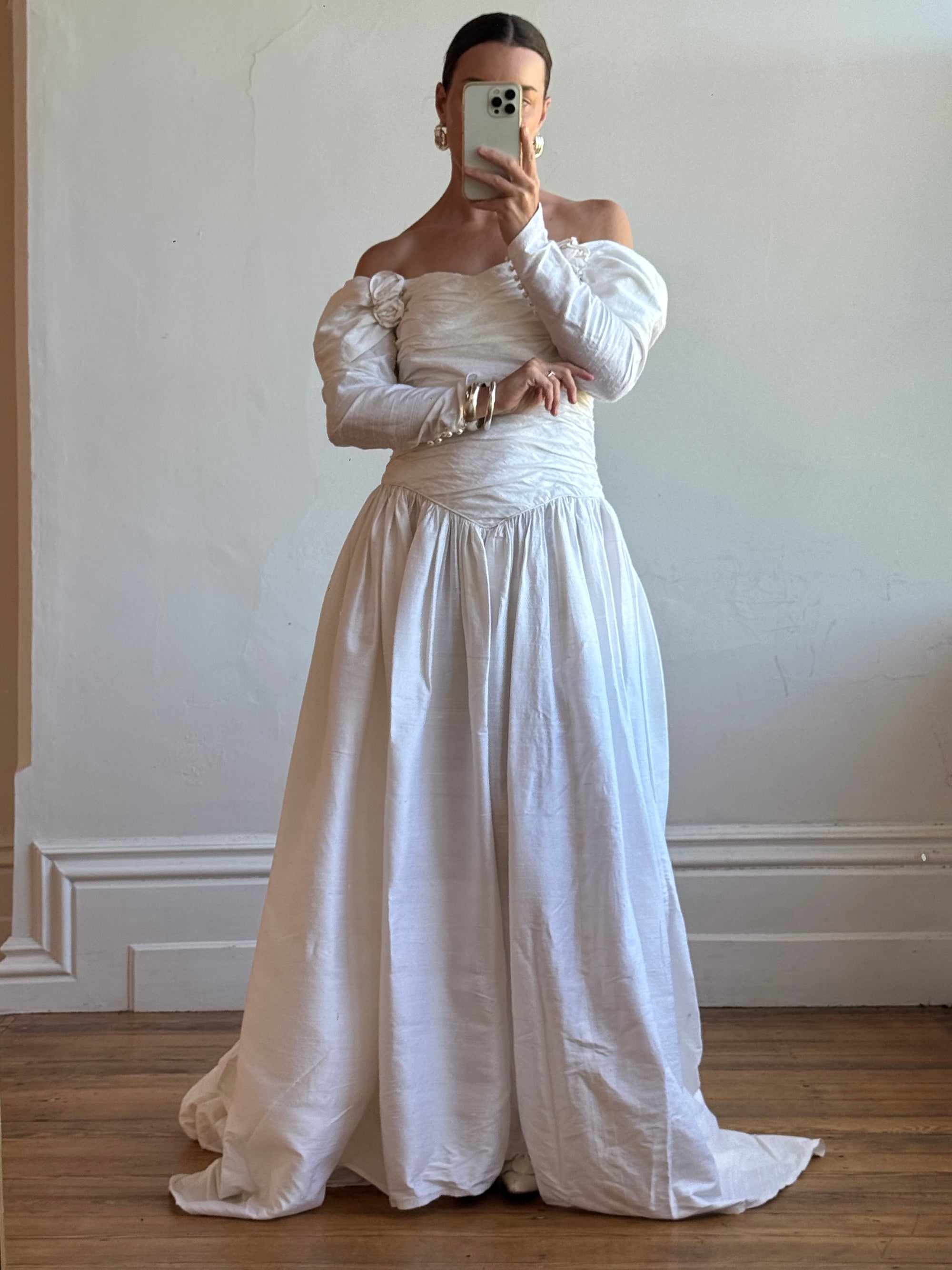 Vintage 90s Pure Silk Rosette Off Shoulder Wedding Gown