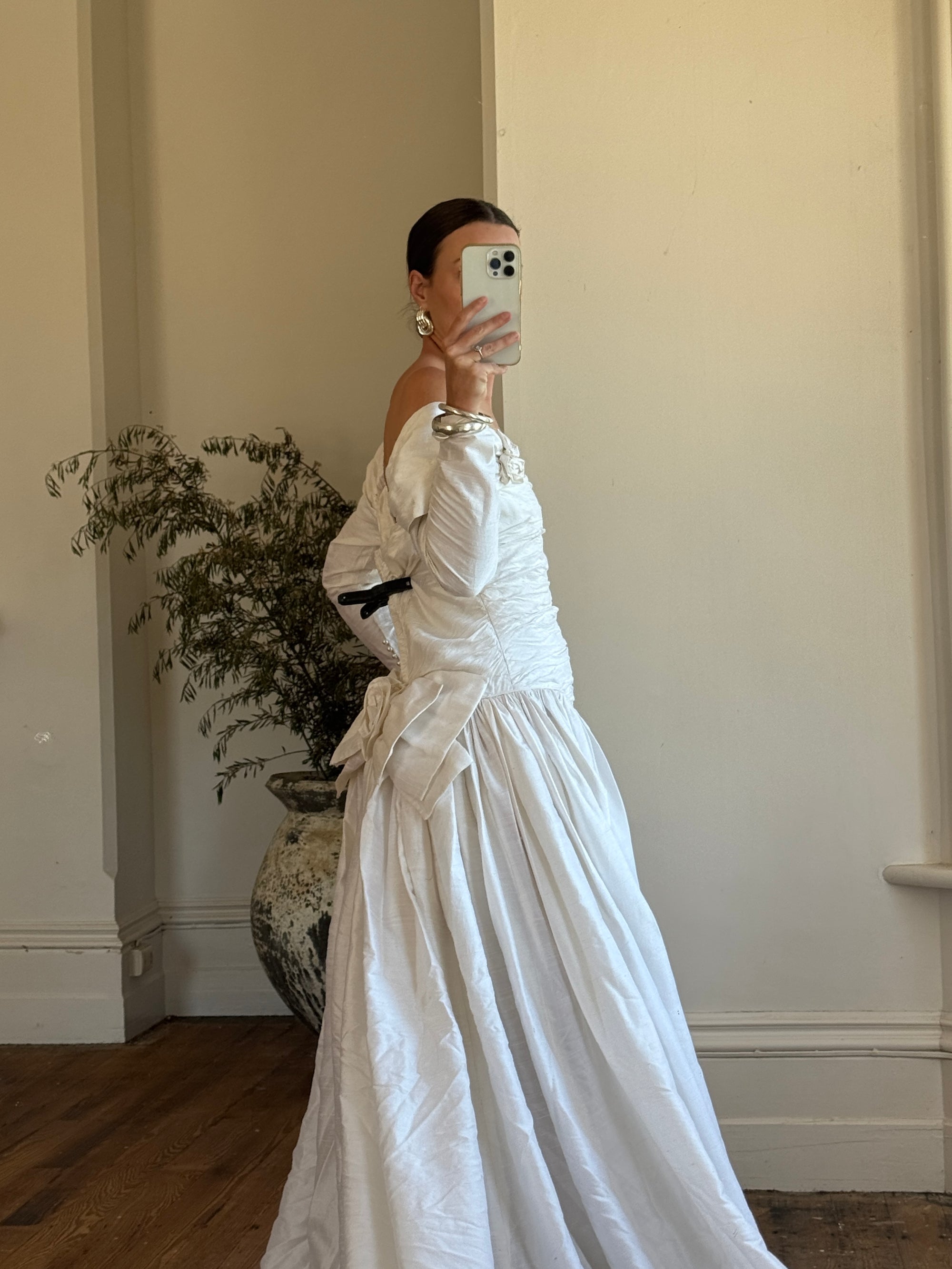 Vintage 90s Pure Silk Rosette Off Shoulder Wedding Gown