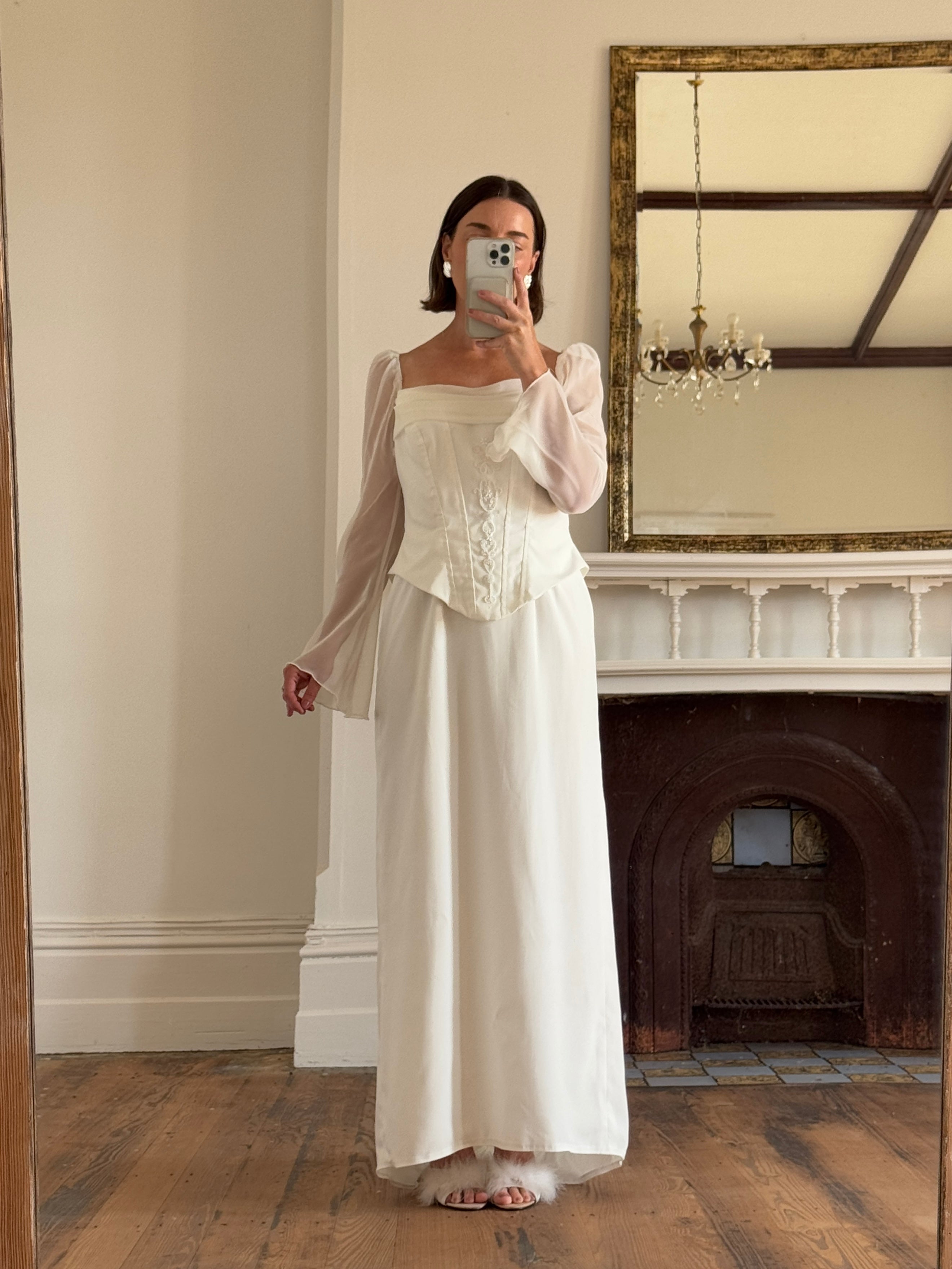 Vintage 80s Chiffon Sleeve Wedding Dress With Corset