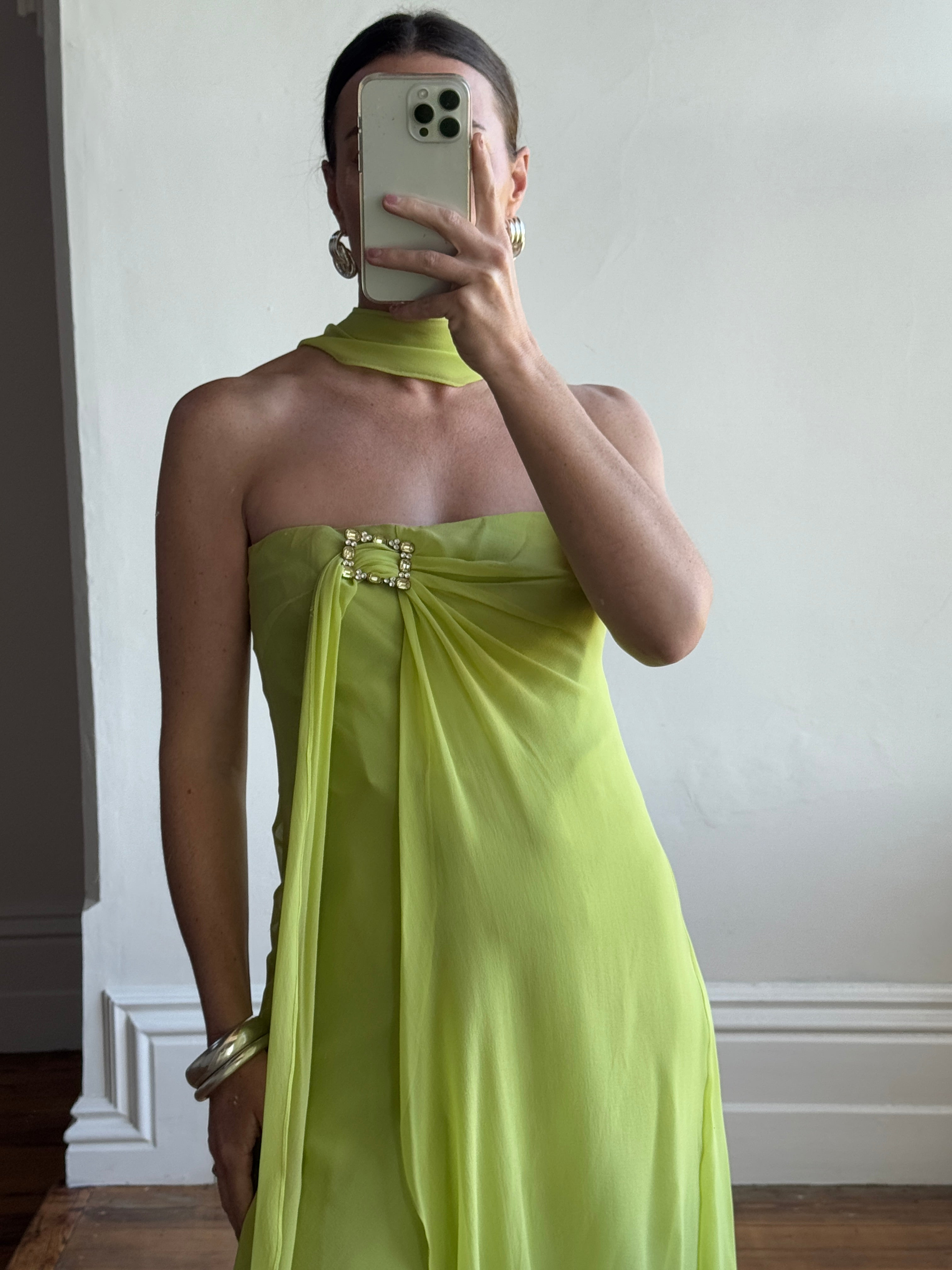 Vintage Y2K Chartreuse Strapless Pure Silk Brooch Dress
