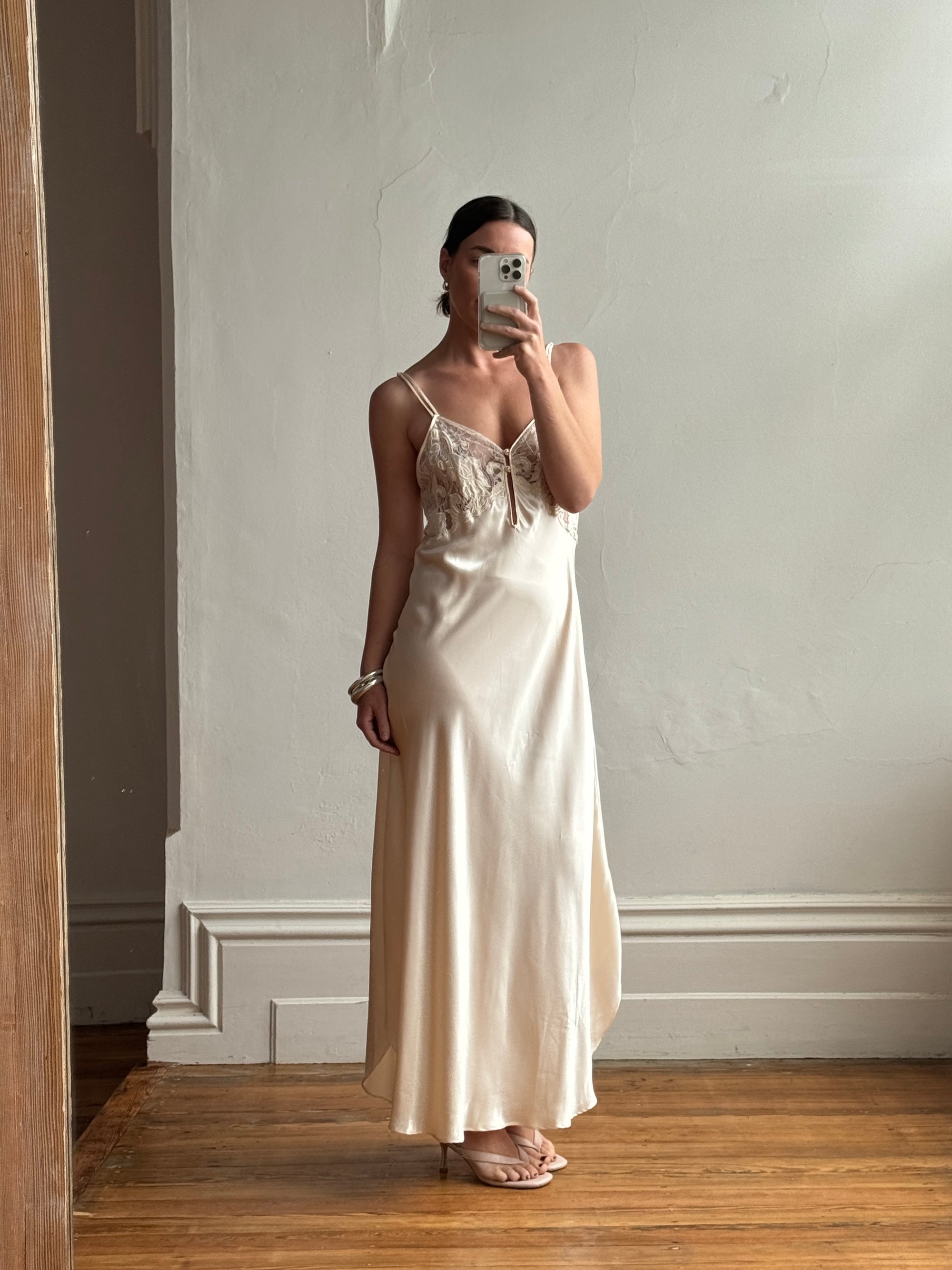 Vintage Peach Satin Slip Dress Crossover straps