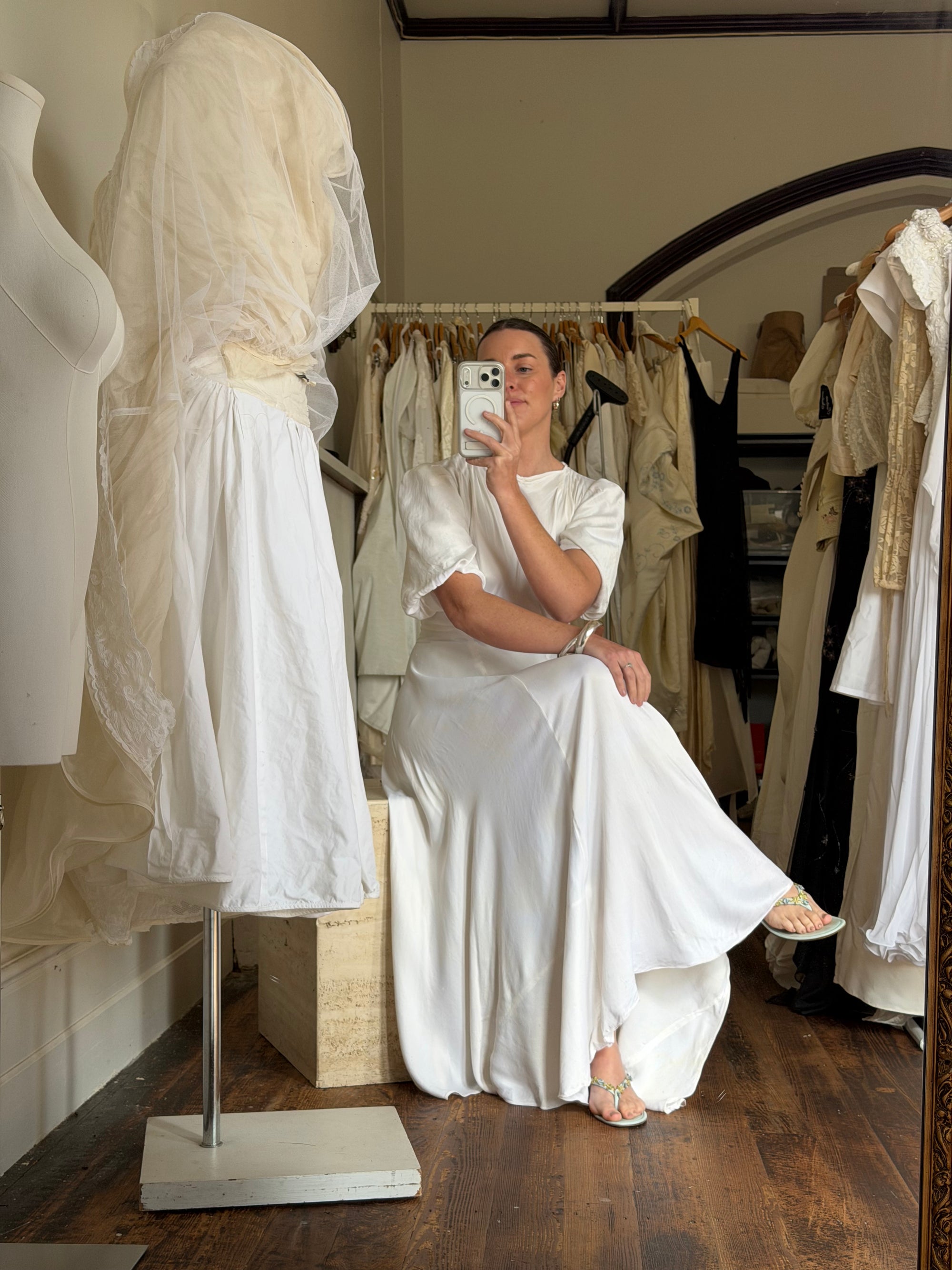Vintage 40s Minimal Puff Sleeve Bias Wedding Dress