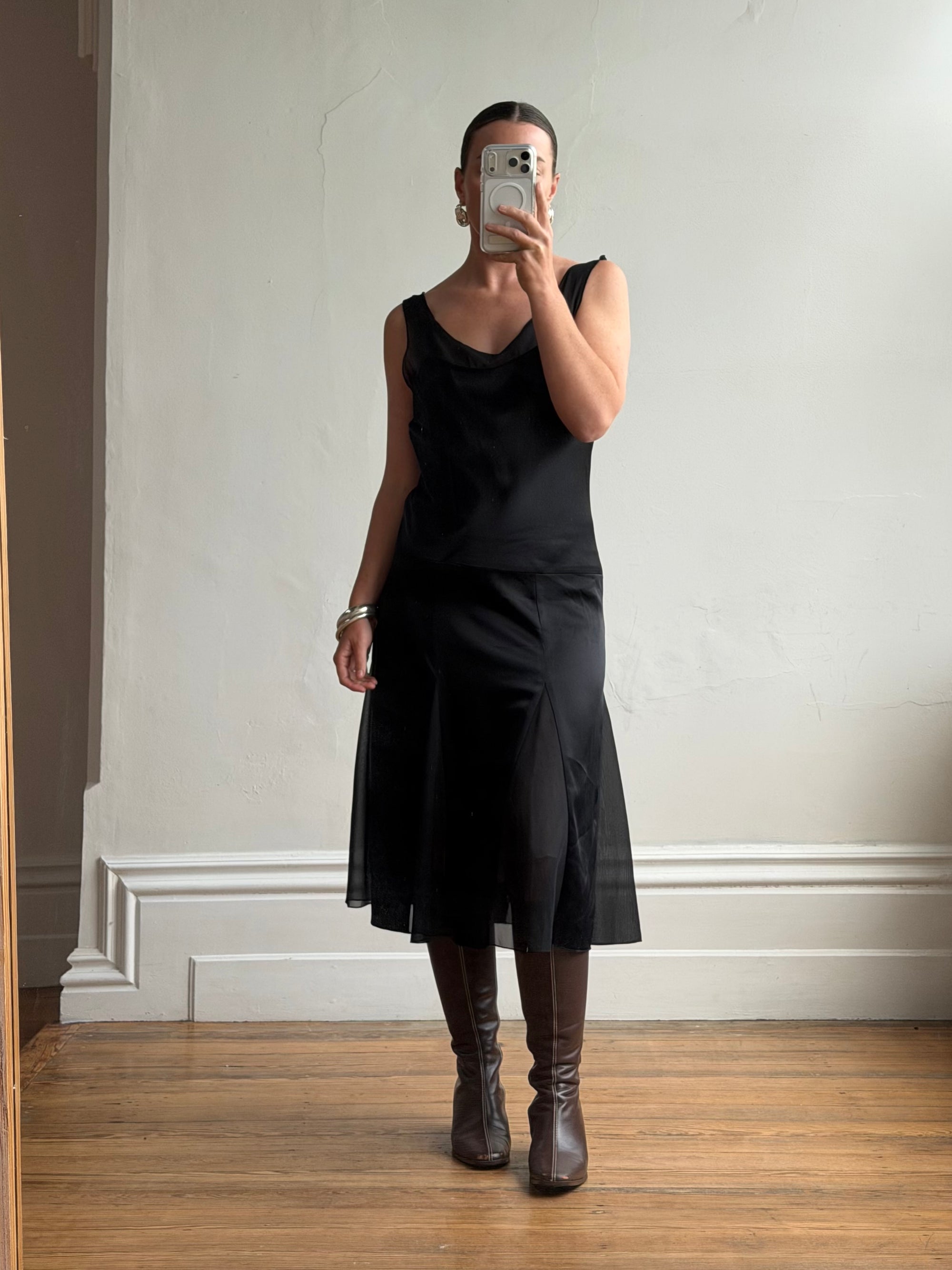 Vintage 90s Satin Drop Waist Midi Dress Noir